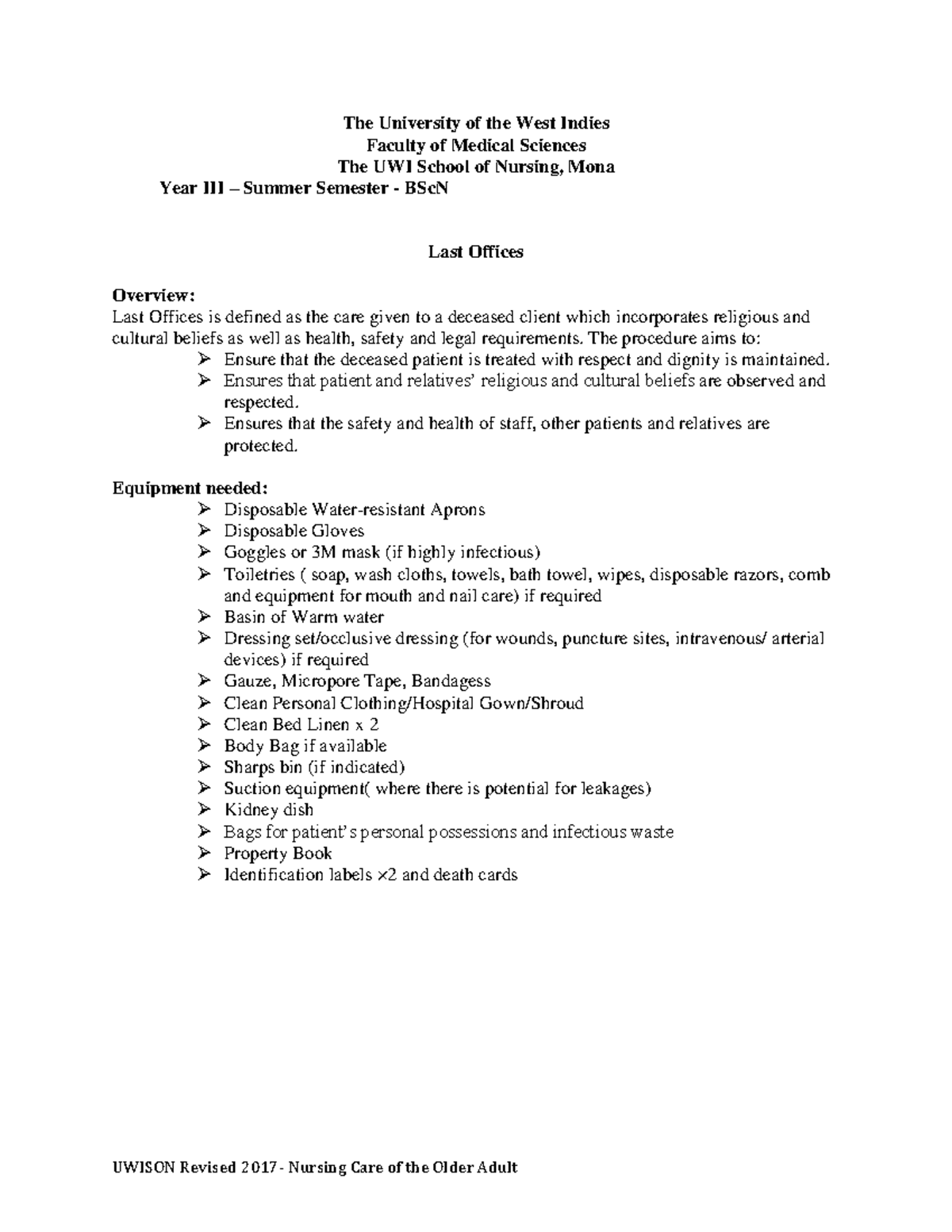 Last Offices Checklist The University of the West Indies Faculty of