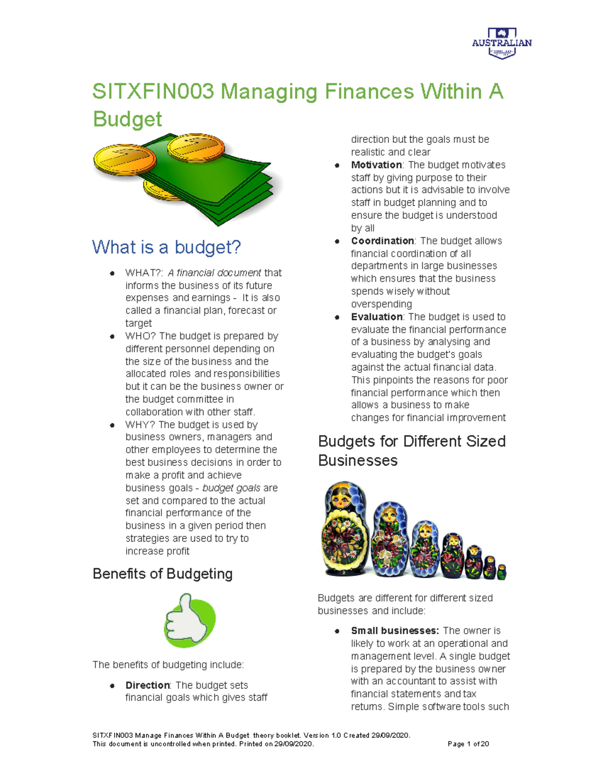 Learner Guide Sitxfin 003 Managing Finances Within A Budget ...