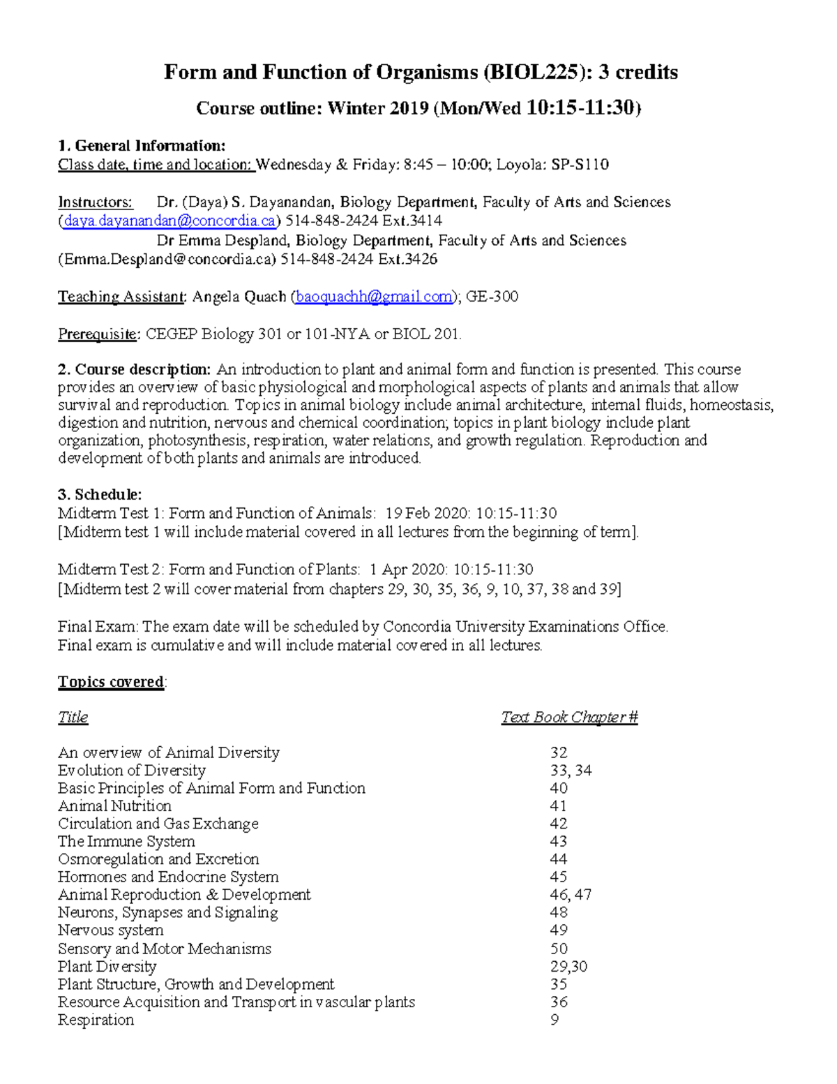 BIOL225 - Syllabus - Winter 2020 - Form And Function Of Organisms ...