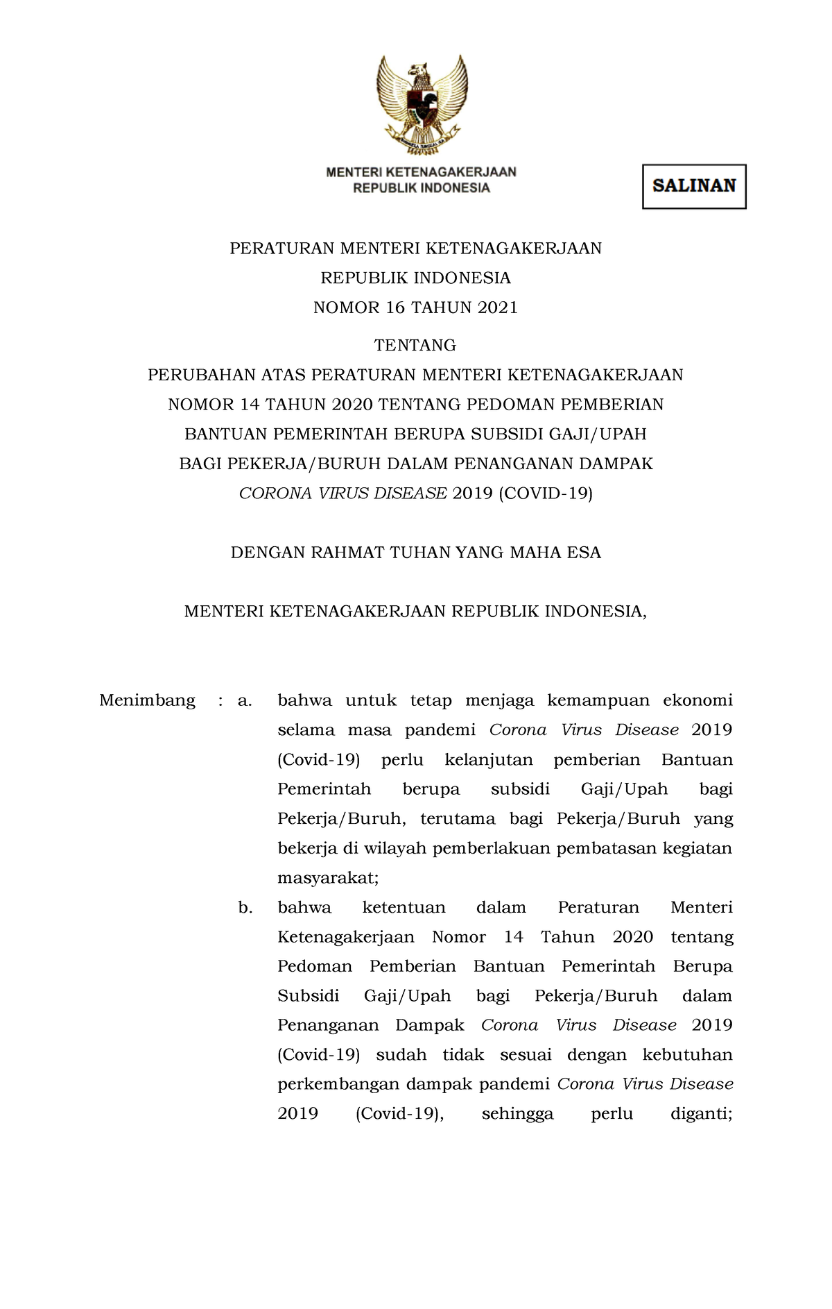 Permenaker Nomor 16 Tahun 2021 - PERATURAN MENTERI KETENAGAKERJAAN ...