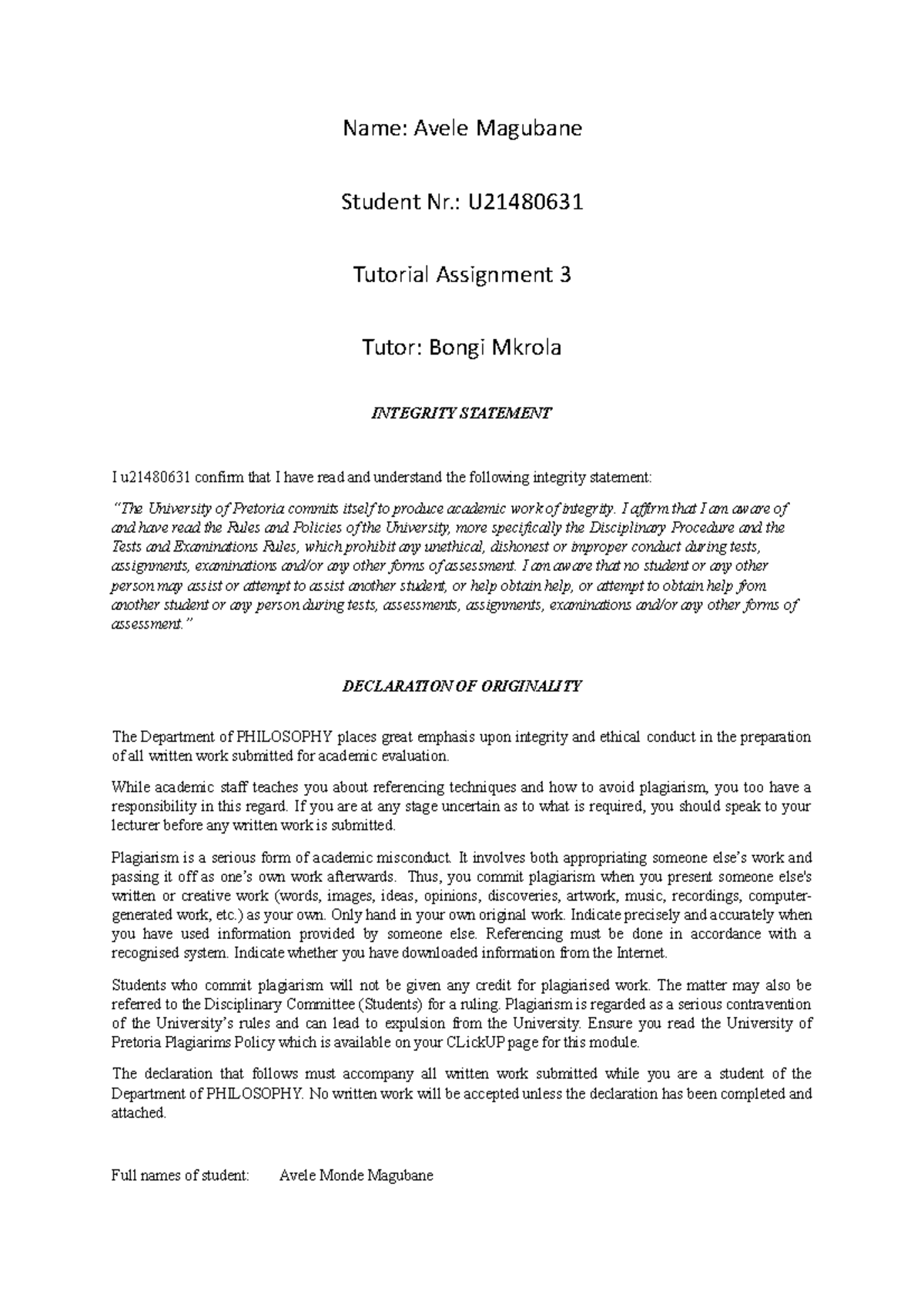 Fil 110 Tutorial Assignment 3 (u21480631) - Name: Avele Magubane ...