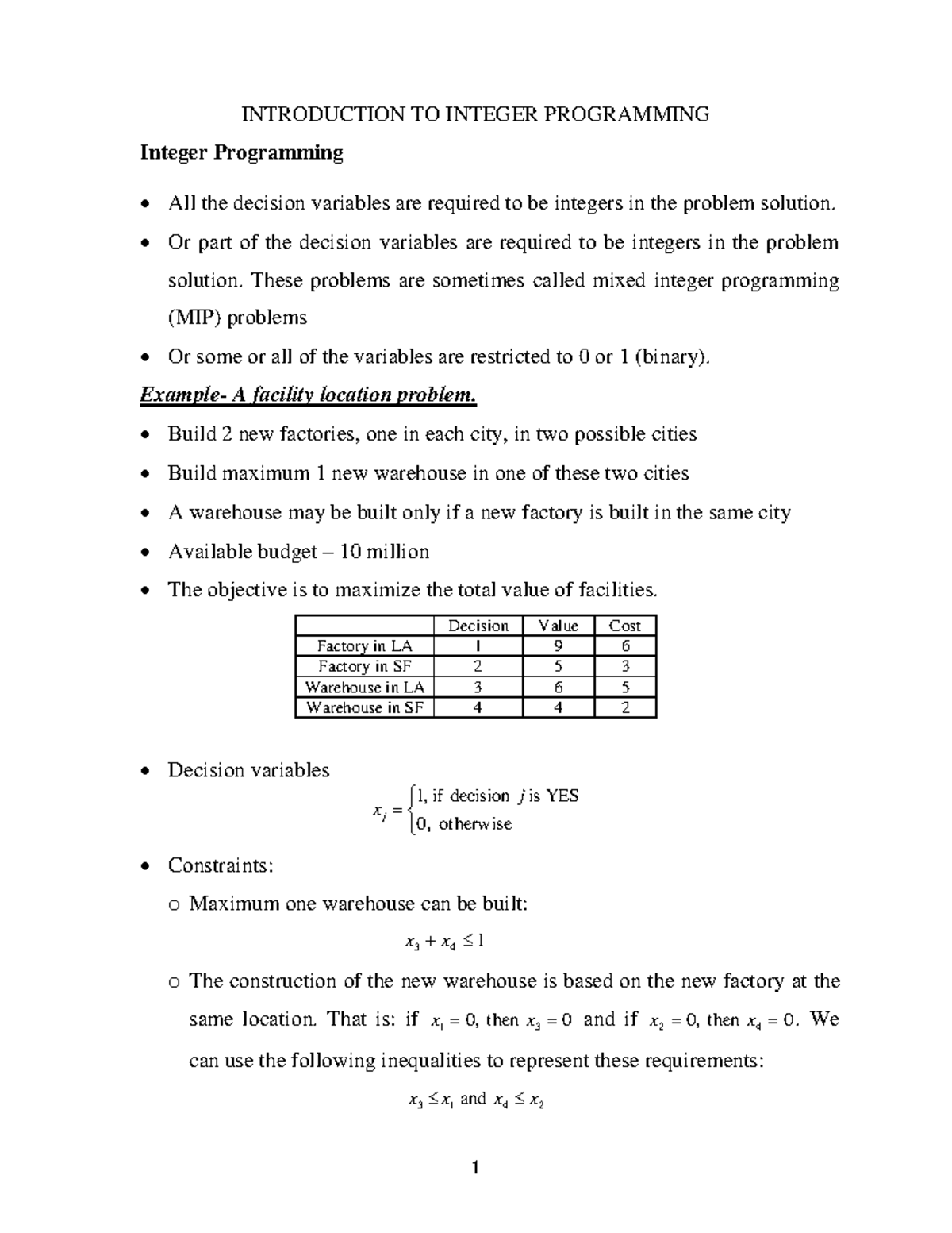 IP Problem formulation - INTRODUCTION TO INTEGER PROGRAMMING Integer ...
