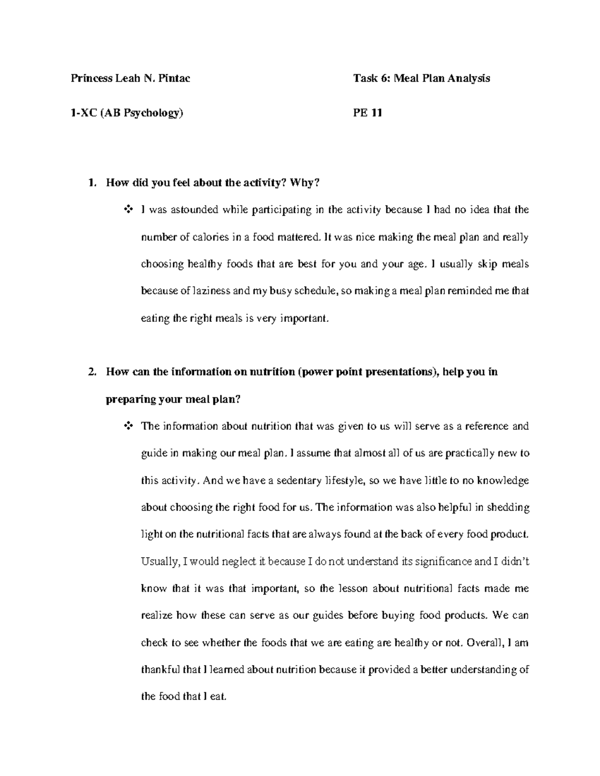 Pintac XC TASK6 Analysis - Princess Leah N. Pintac Task 6: Meal Plan ...