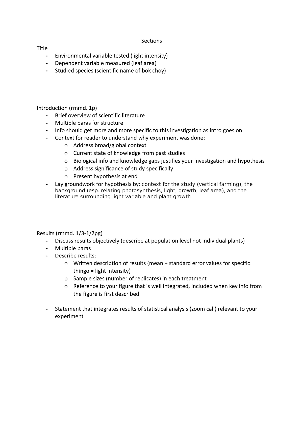 Report instructions summary - Sections Title Environmental variable ...
