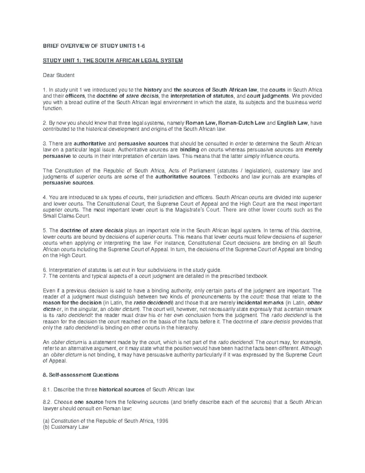 CLA1501+-+ Brief+ Overview+OF+ Study+ Units+1-6 - BRIEF OVERVIEW OF ...