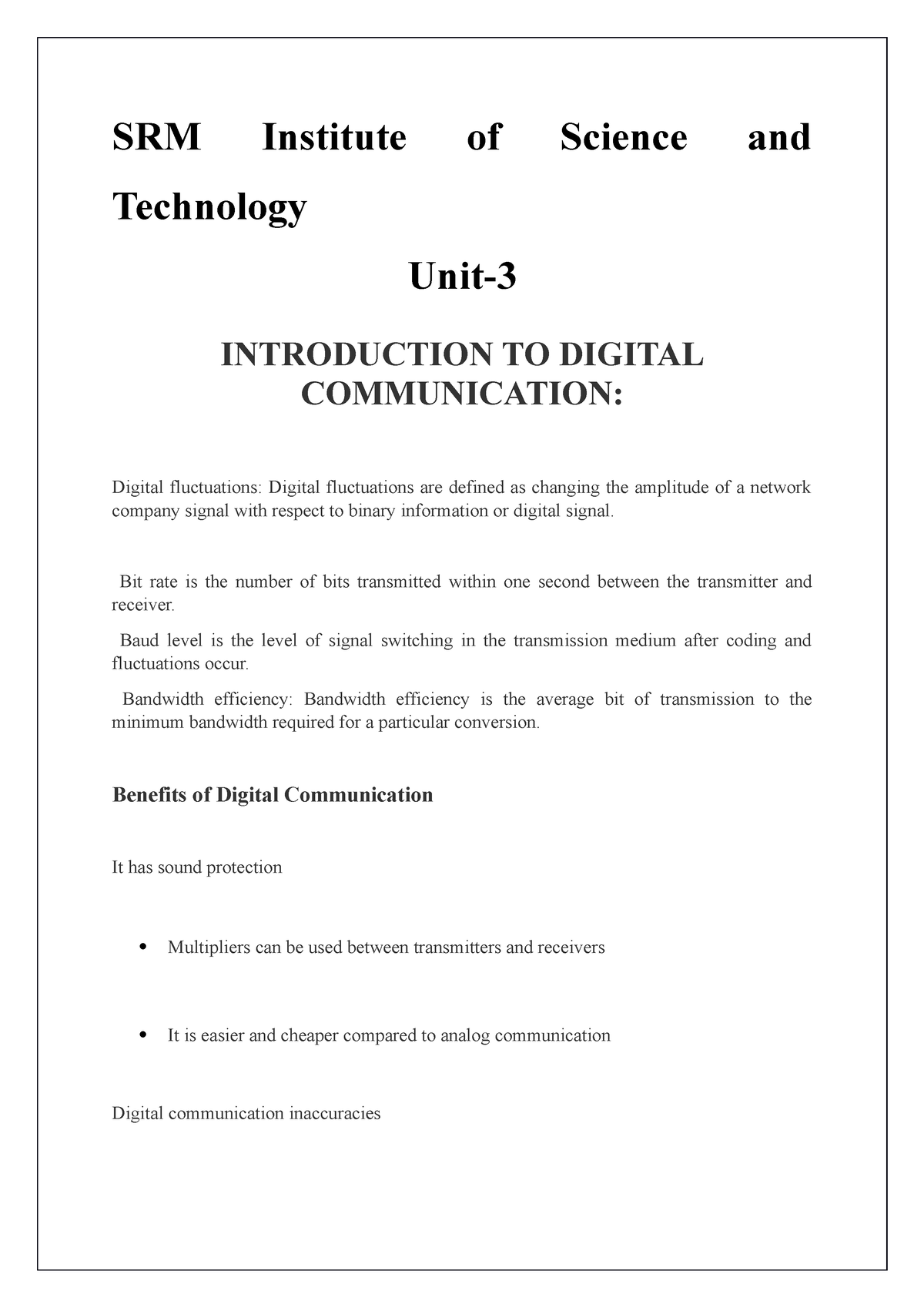 Introduction TO Digital Communication - SRM Institute Of Science And ...