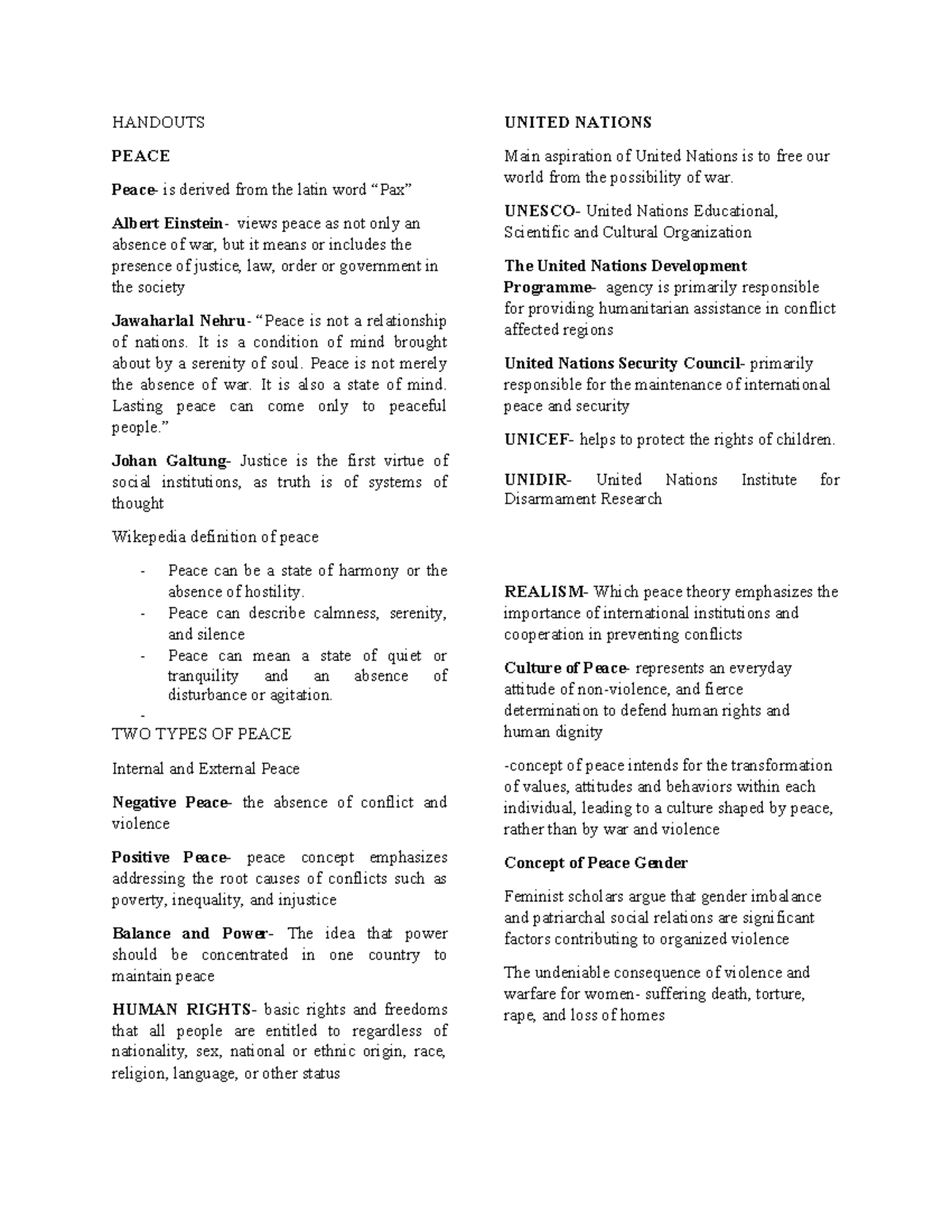 HanhawtsHangatw - HANDOUTS PEACE Peace- is derived from the latin word ...