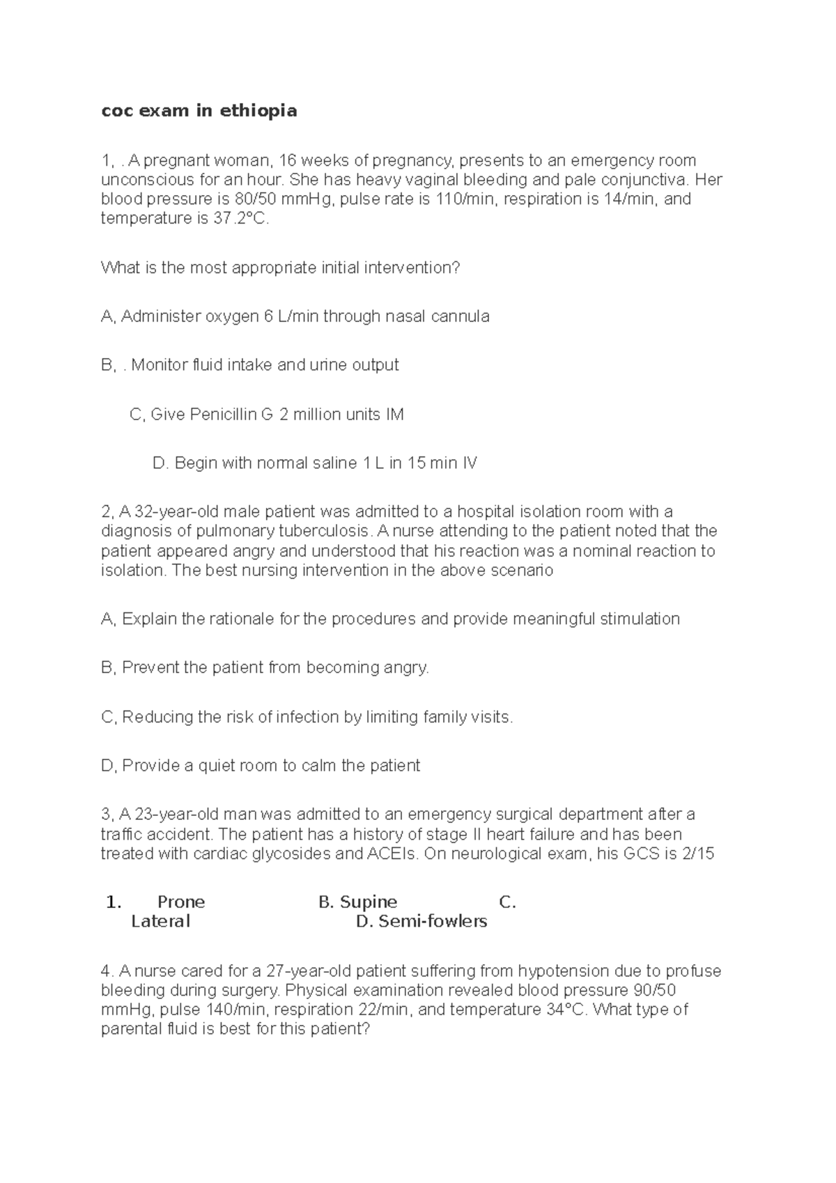 Coc exam in ethiopia it's about nursing care and case questions coc