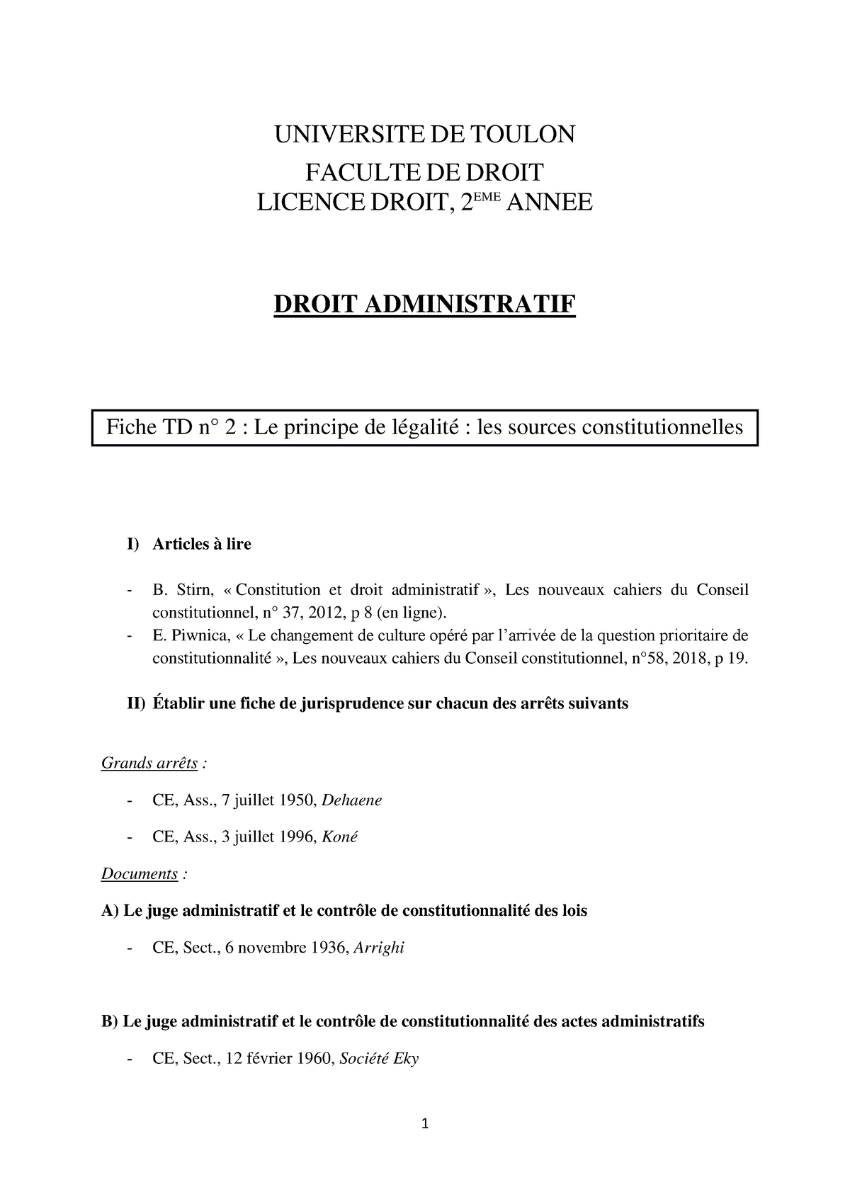 Fiche TD 2 - UNIVERSITE DE TOULON FACULTE DE DROIT LICENCE DROIT, 2 EME ...