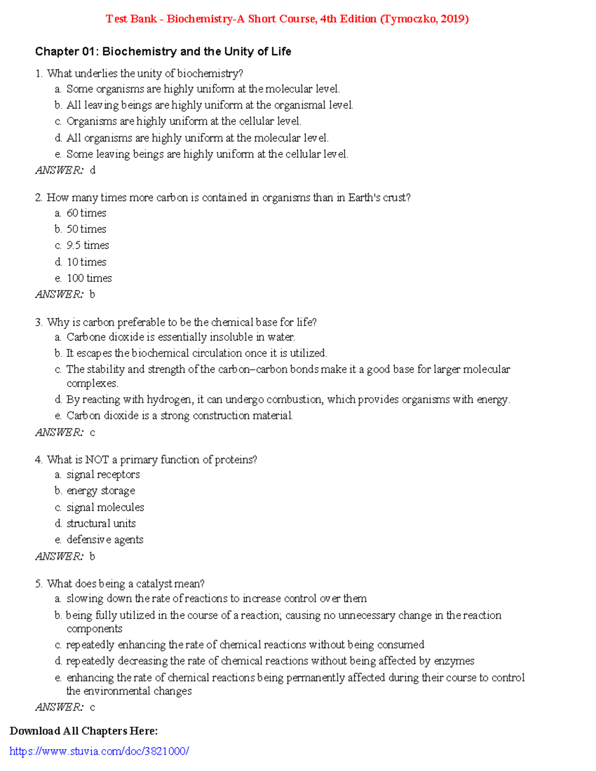 Test Bank - Biochemistry-A Short Course, 4th Edition (Tymoczko, 2019 ...