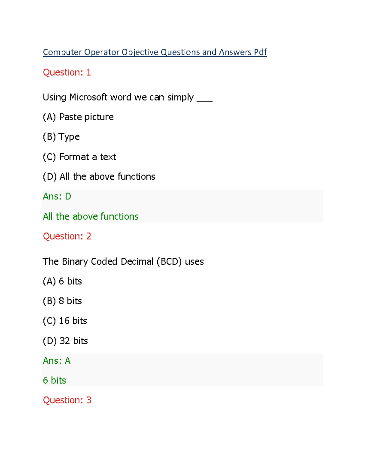 Computeroperatorobjectivequestionsandanswers Computer Operator