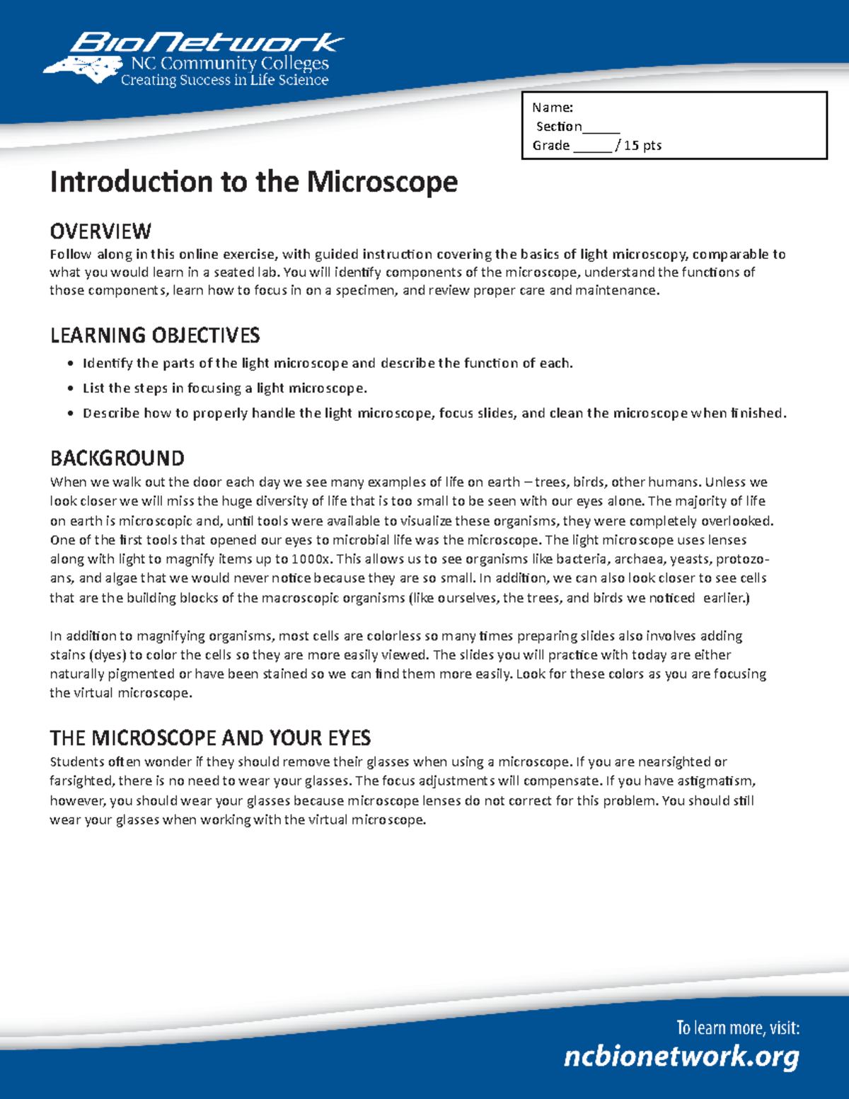 Microscope Lab Handout Introduction to the Microscope OVERVIEW Follow