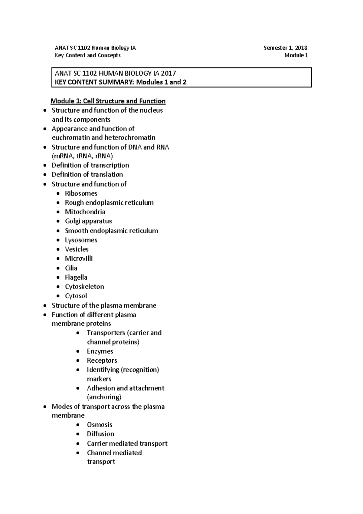 HBIA Module 1 - Key Content Summary - ANAT SC 1102 Human Biology IA ...