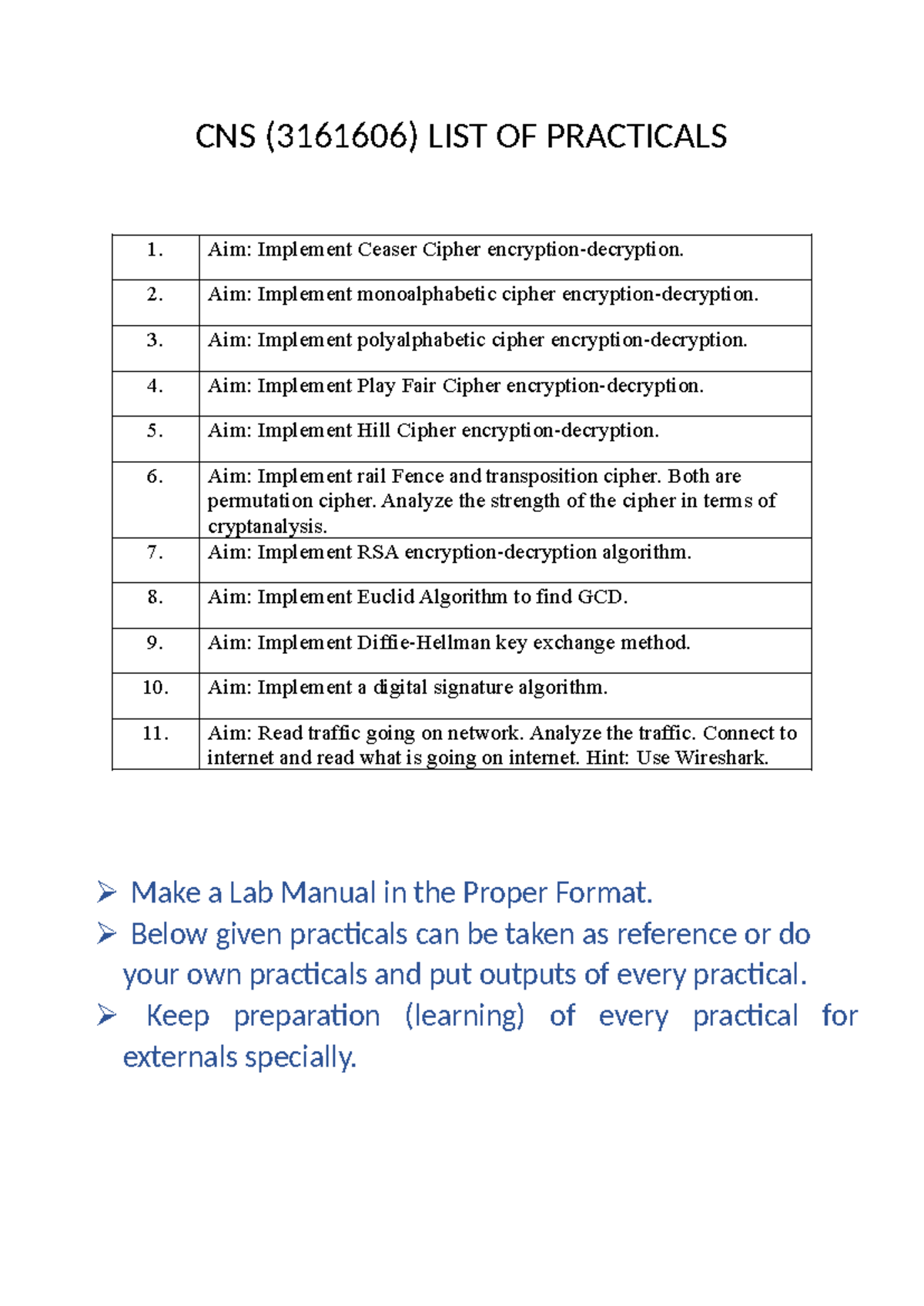 CNS List of Practicals - CNS (3161606) LIST OF PRACTICALS 1. Aim ...