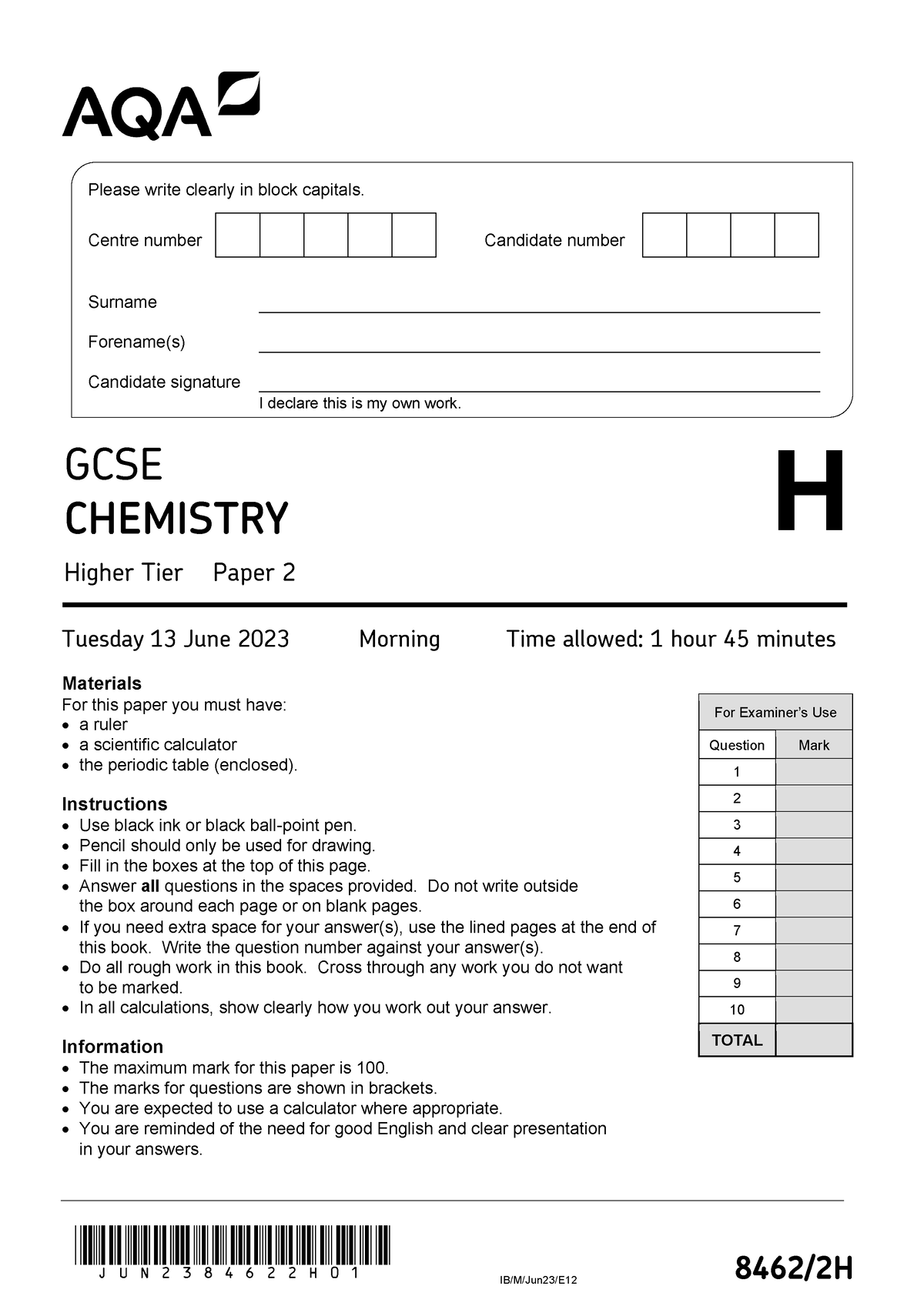 8462 2H QP Chemistry G 13Jun23 AM - JUN2384622H01 IB/M/Jun23/E 12 8462 ...