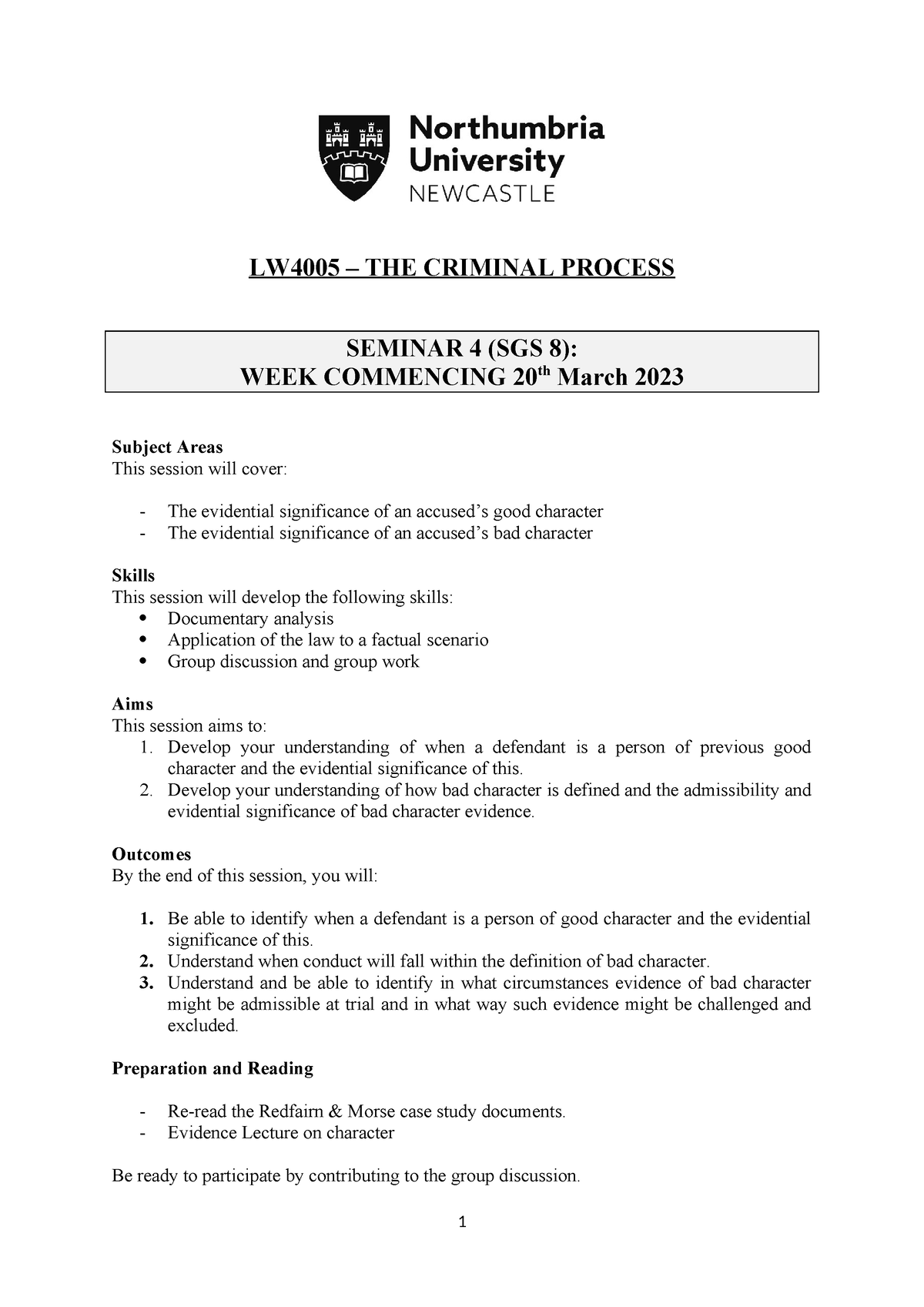 Seminar 4 (SGS 8) - LW4005 – THE CRIMINAL PROCESS SEMINAR 4 (SGS 8 ...