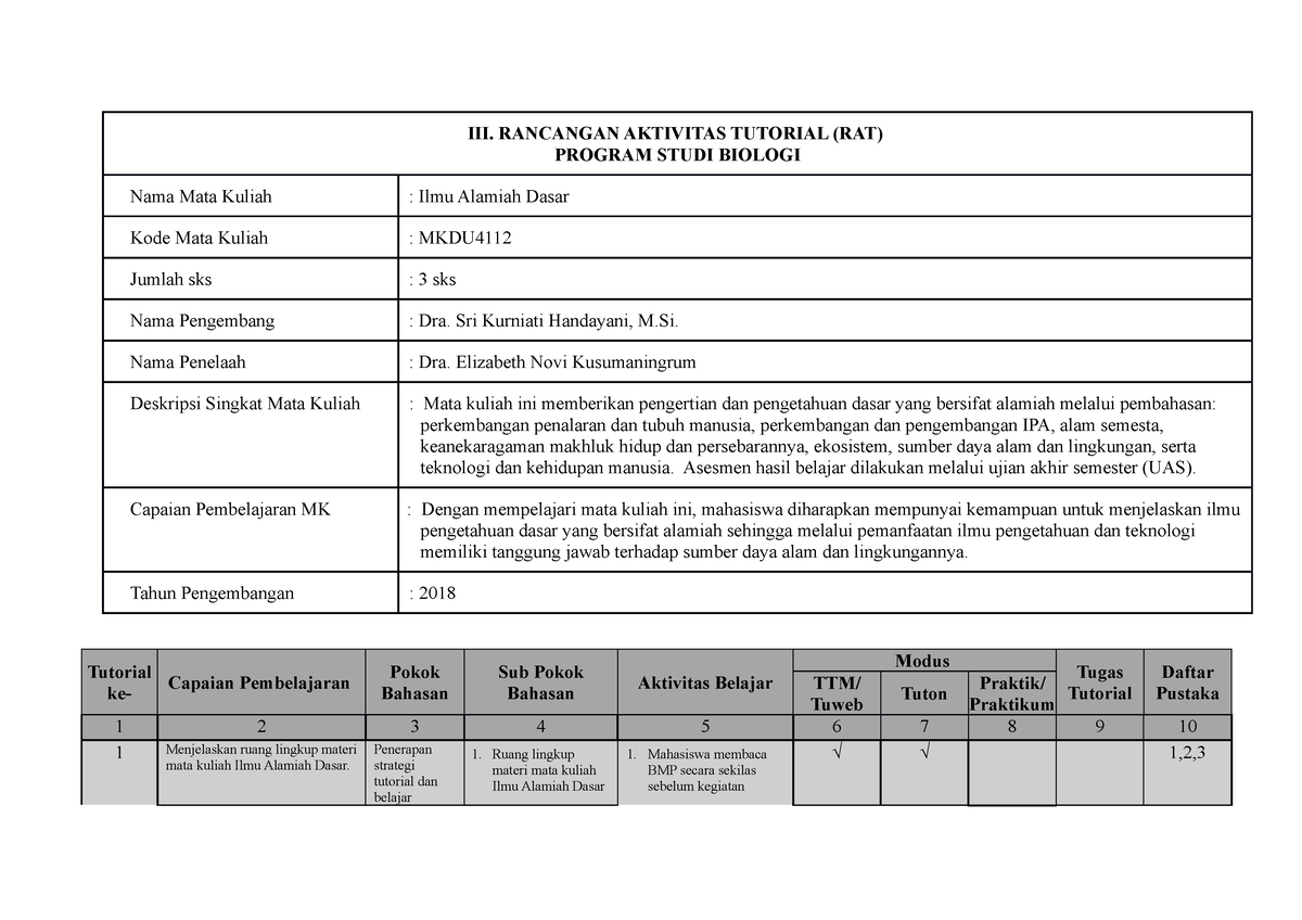 RAT MKDU4112 Ilmu Alamiah Dasar - III. RANCANGAN AKTIVITAS TUTORIAL ...