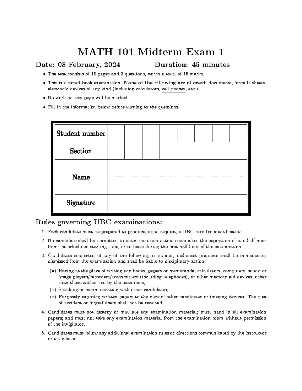 Test1 Thu8 V3 - Tests - MATH 101 Midterm Exam 1 Date: 08 February, 2024 ...