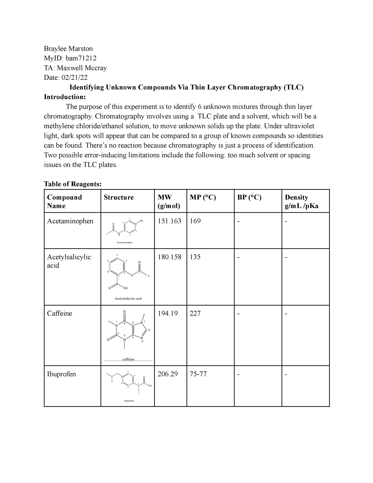 CHEM 2211L Experiment 4 – Thin Layer Chromatography Lab Report ...