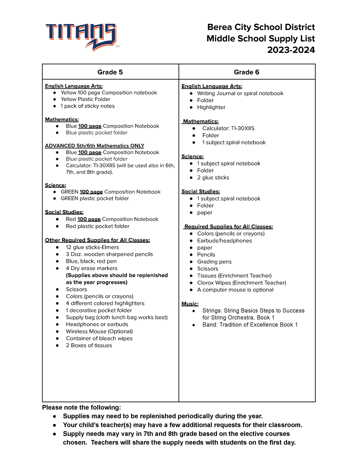 BMHS 2023-2024 School Supply List