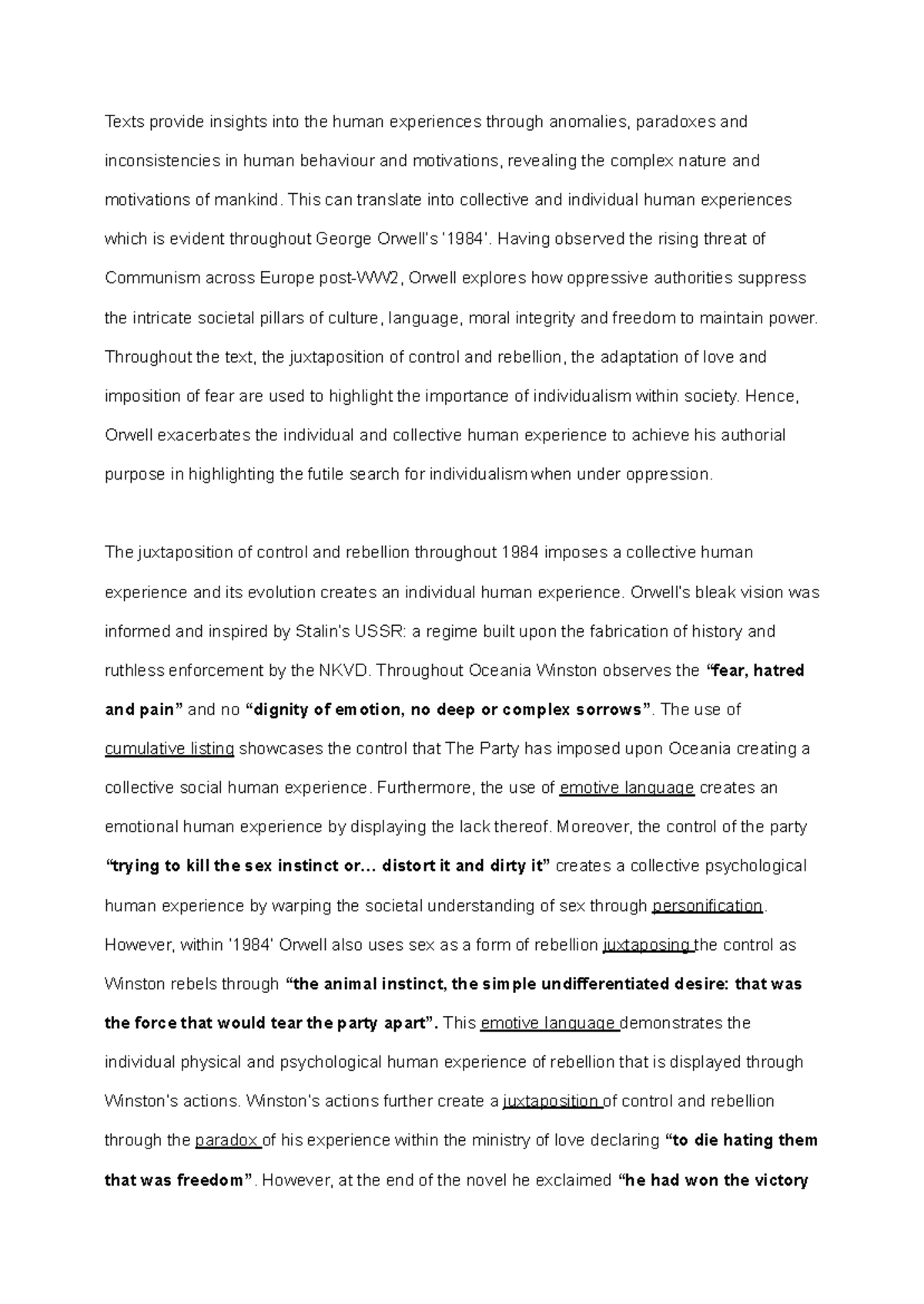 Draft 1984 George Orwell essay - Texts provide insights into the human ...