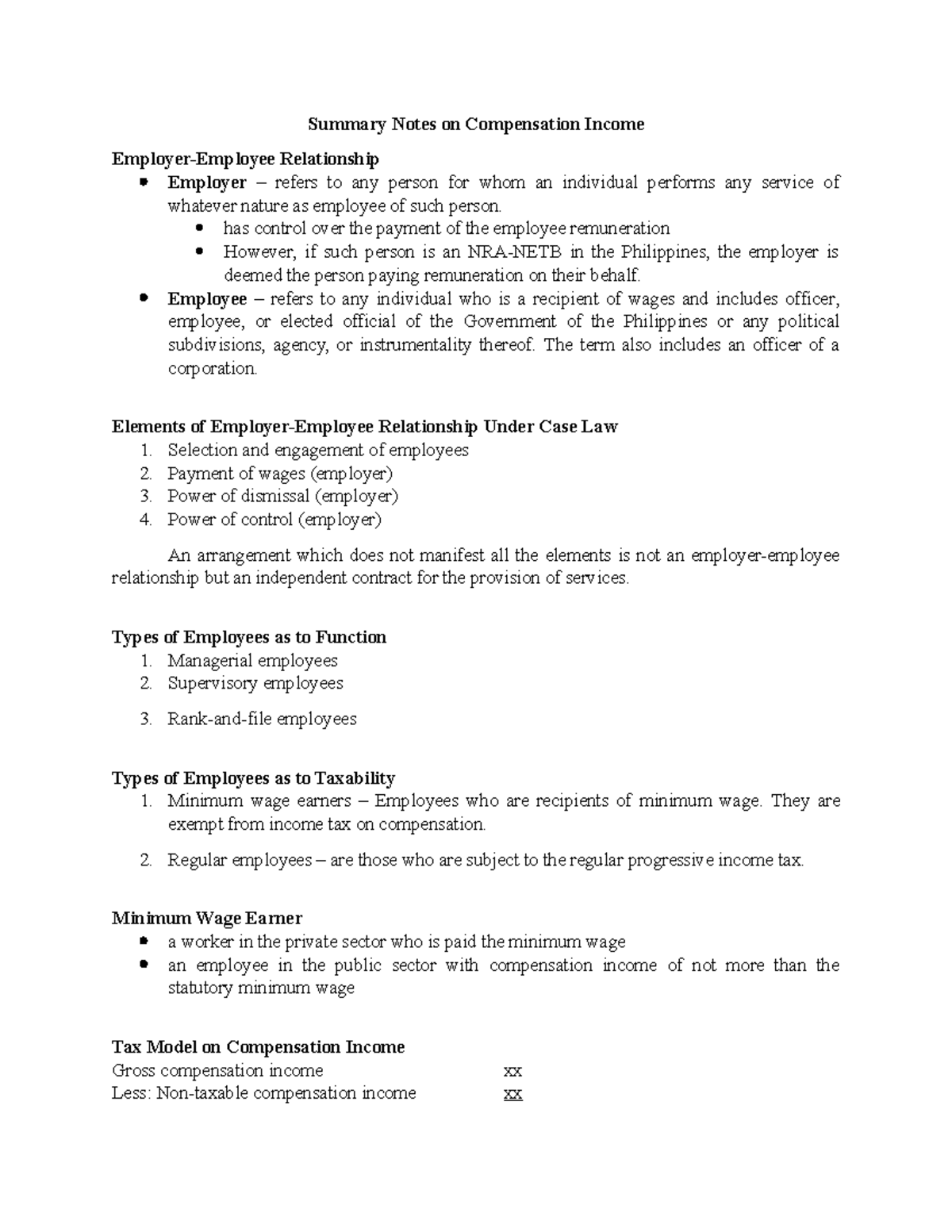 Summary Notes on Compensation Income - Summary Notes on Compensation ...