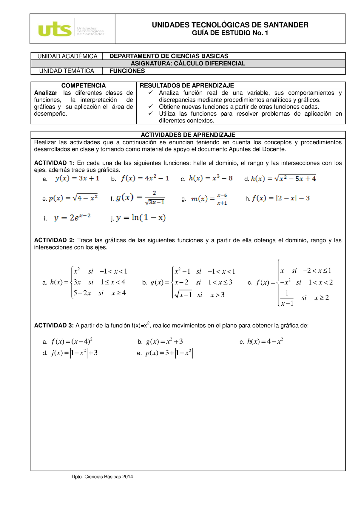 1. Funciones - Regadfgas - GUÍA DE ESTUDIO No. 1 UNIDAD ACADÉMICA ...