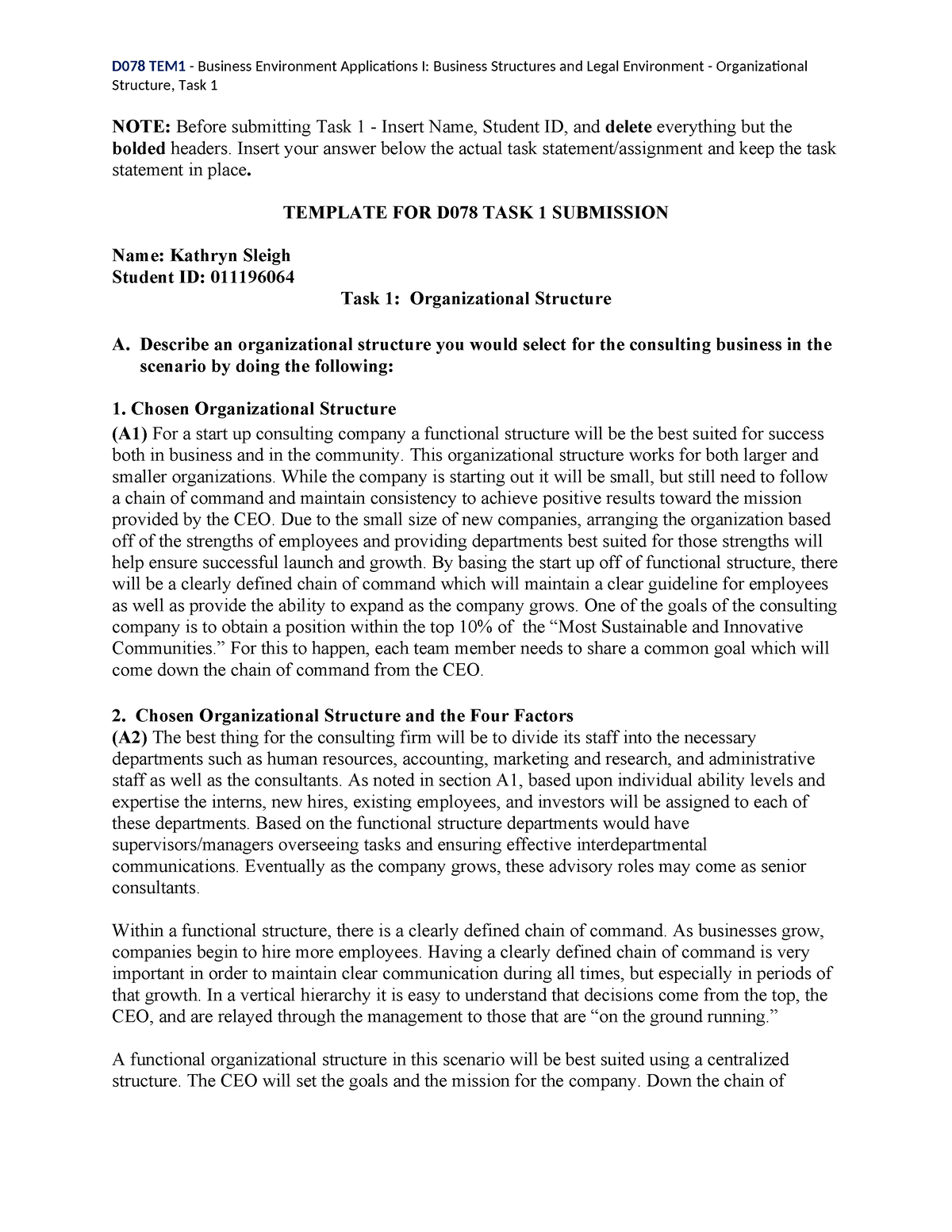 D078 Task 1 Functional Structure revision D078 TEM1 Business