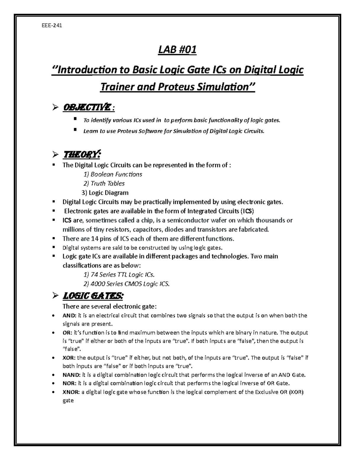 Lab report-1 - lab report - LAB ‘’IntroducƟon to Basic Logic Gate ICs ...