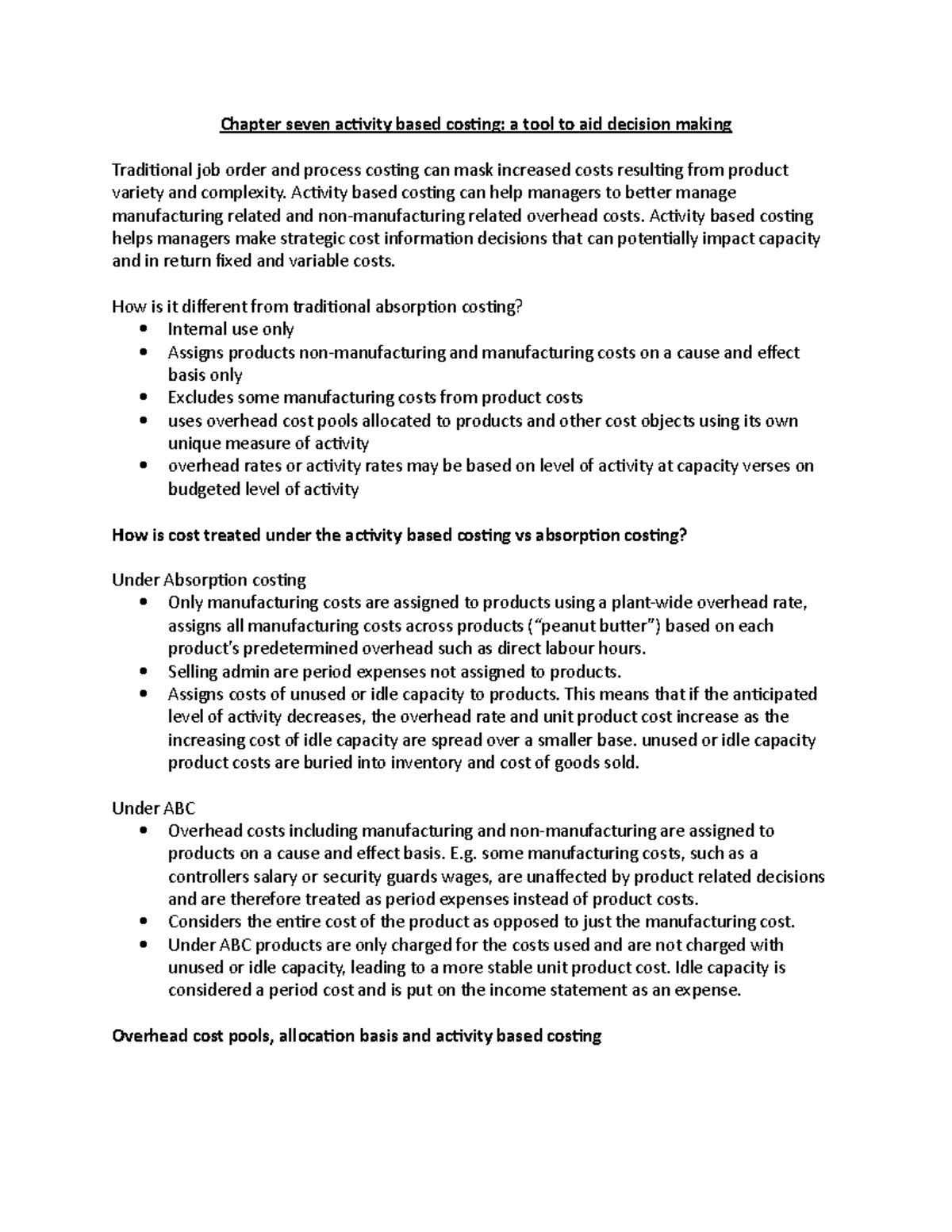 Chapter notes - managerial - Chapter seven activity based costing: a ...