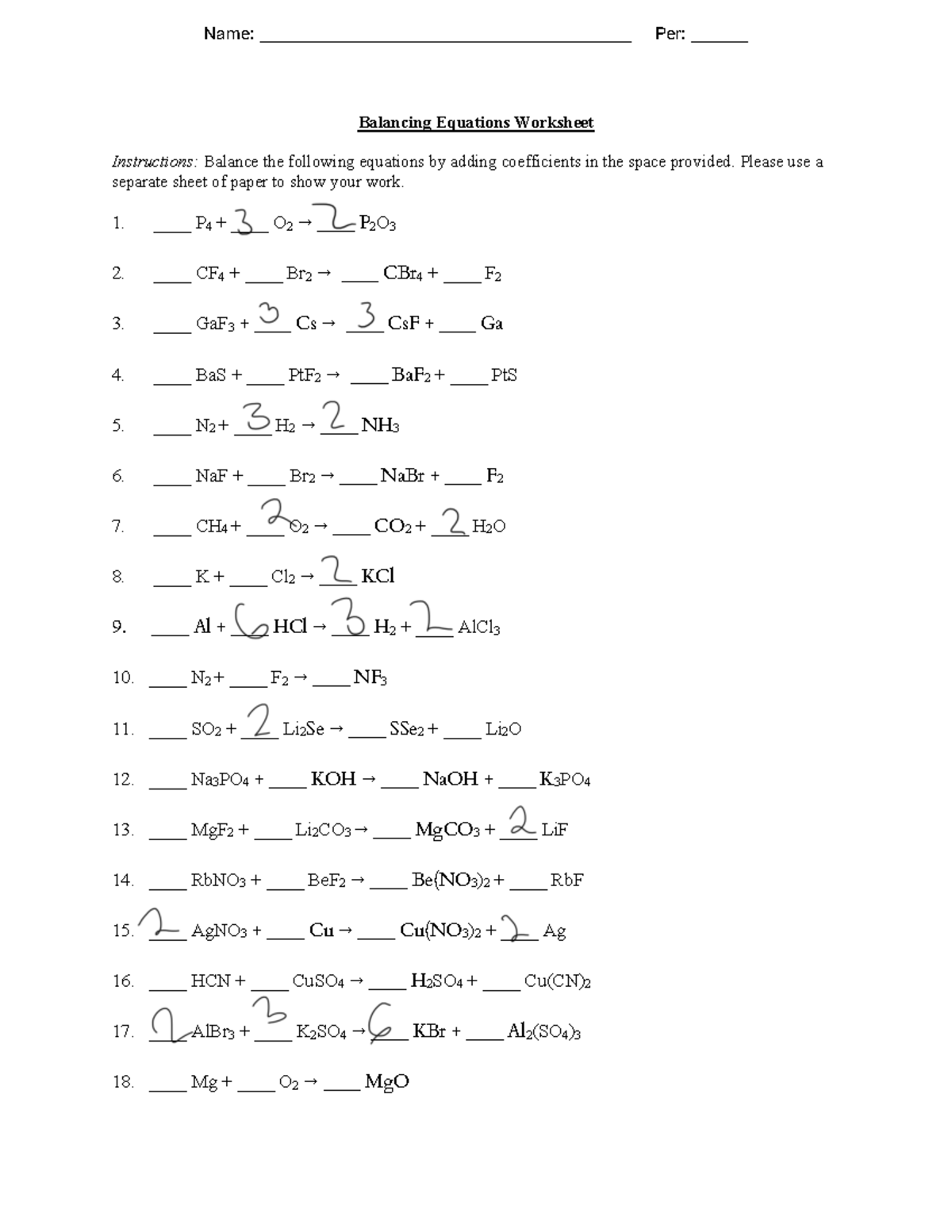 Worksheet +Balancing+Equations+%281%29+%283%29 - Name