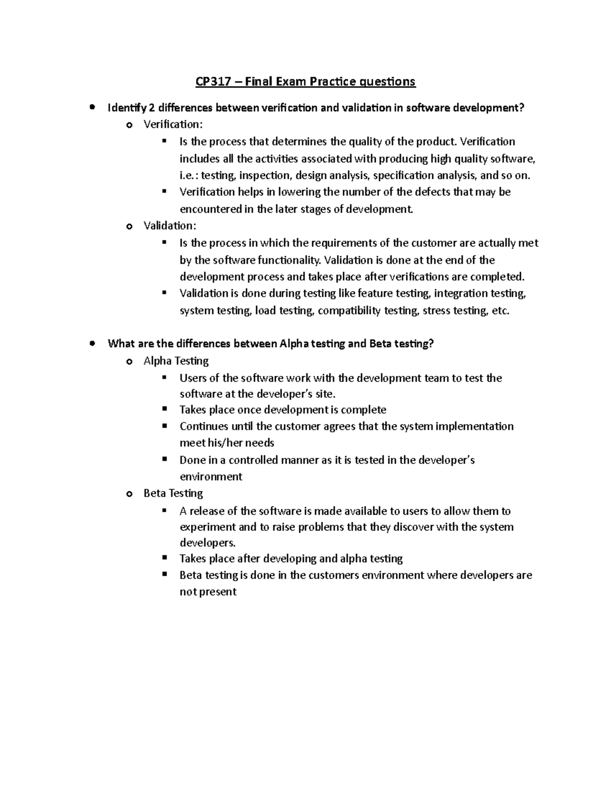 CP317 - Final exam practice questions - CP317 – Final Exam Practice ...