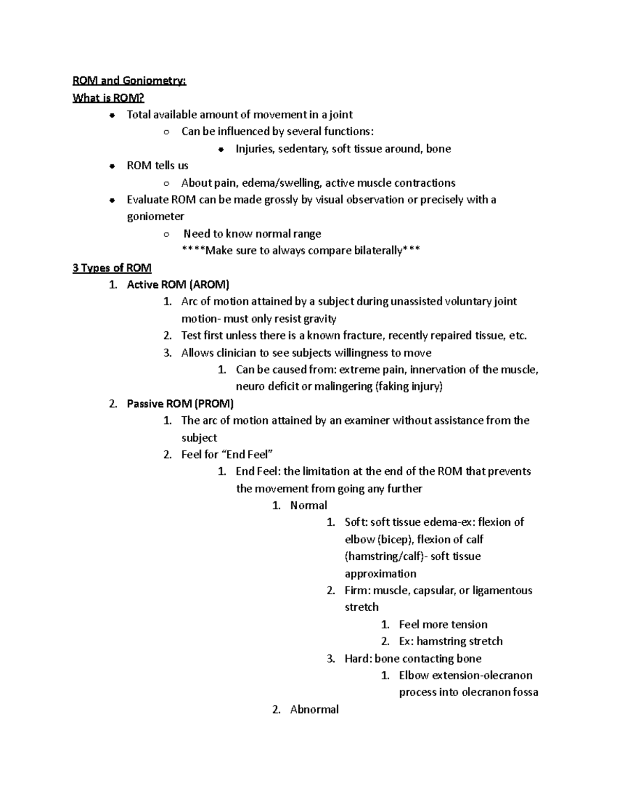 SM 3 - Sports medicine notes on ROM and goniometry - EX 240 - Studocu