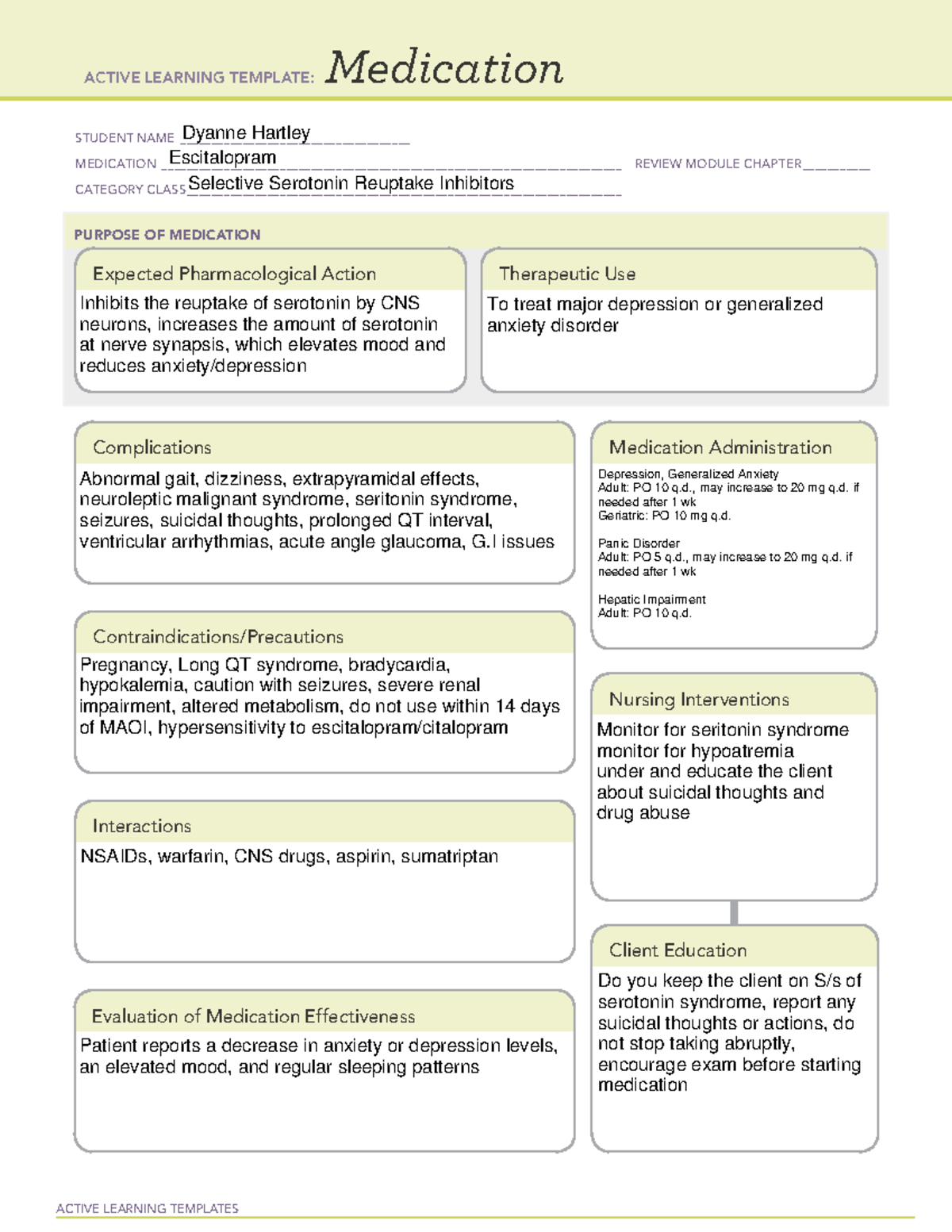 Escitalopram ATI Active Learning Templates ACTIVE LEARNING
