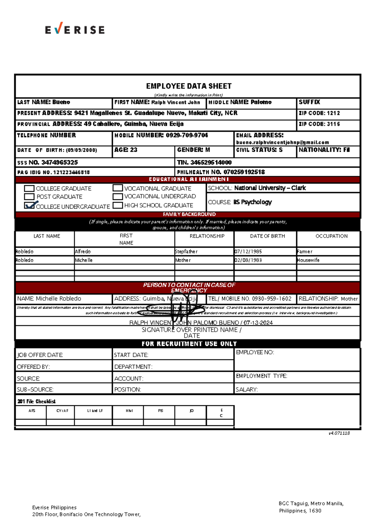 Payslip example - EMPLOYEE DATA SHEET (Kindly write the information in ...