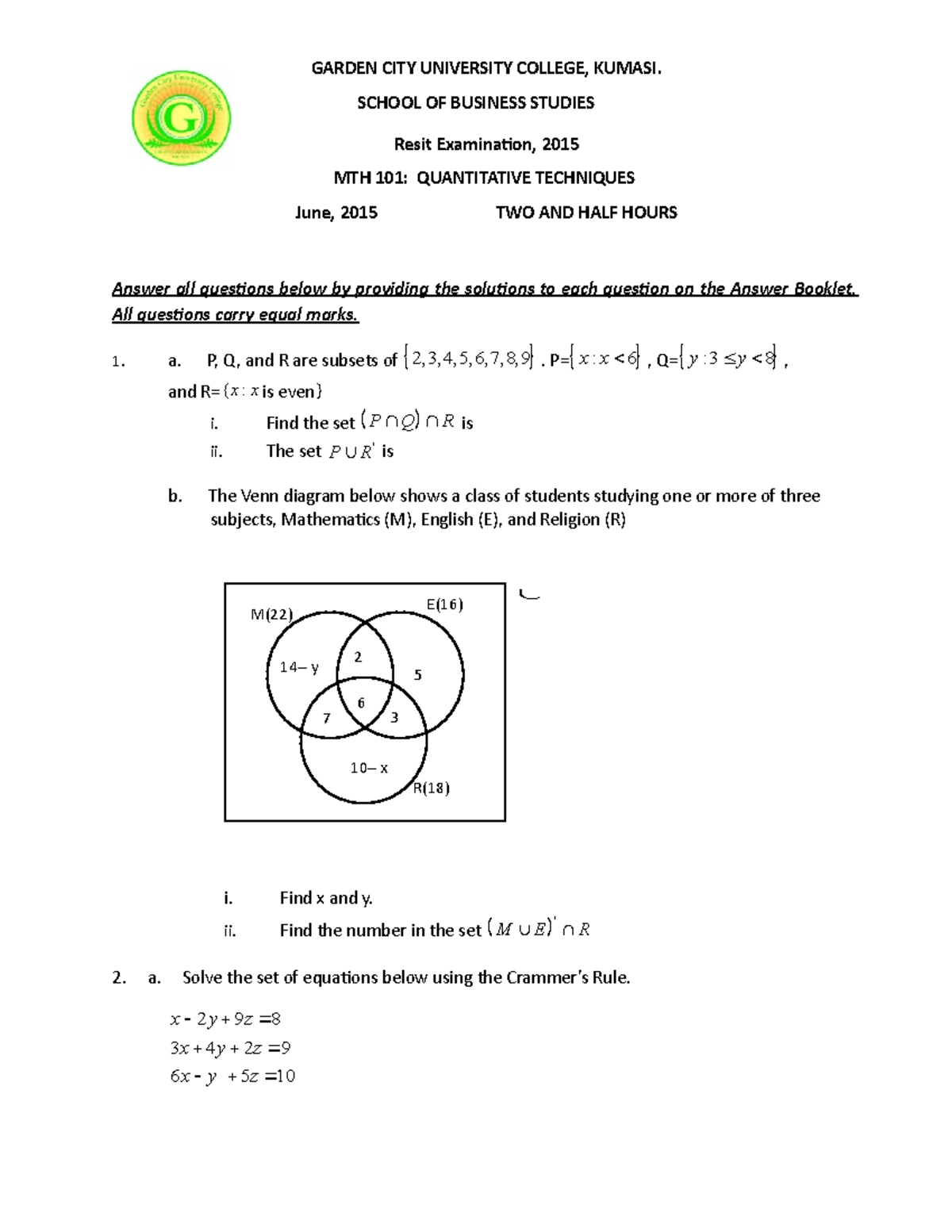 MTH 101 QUANTITATIVE TECHNIQUES I - GARDEN CITY UNIVERSITY COLLEGE ...