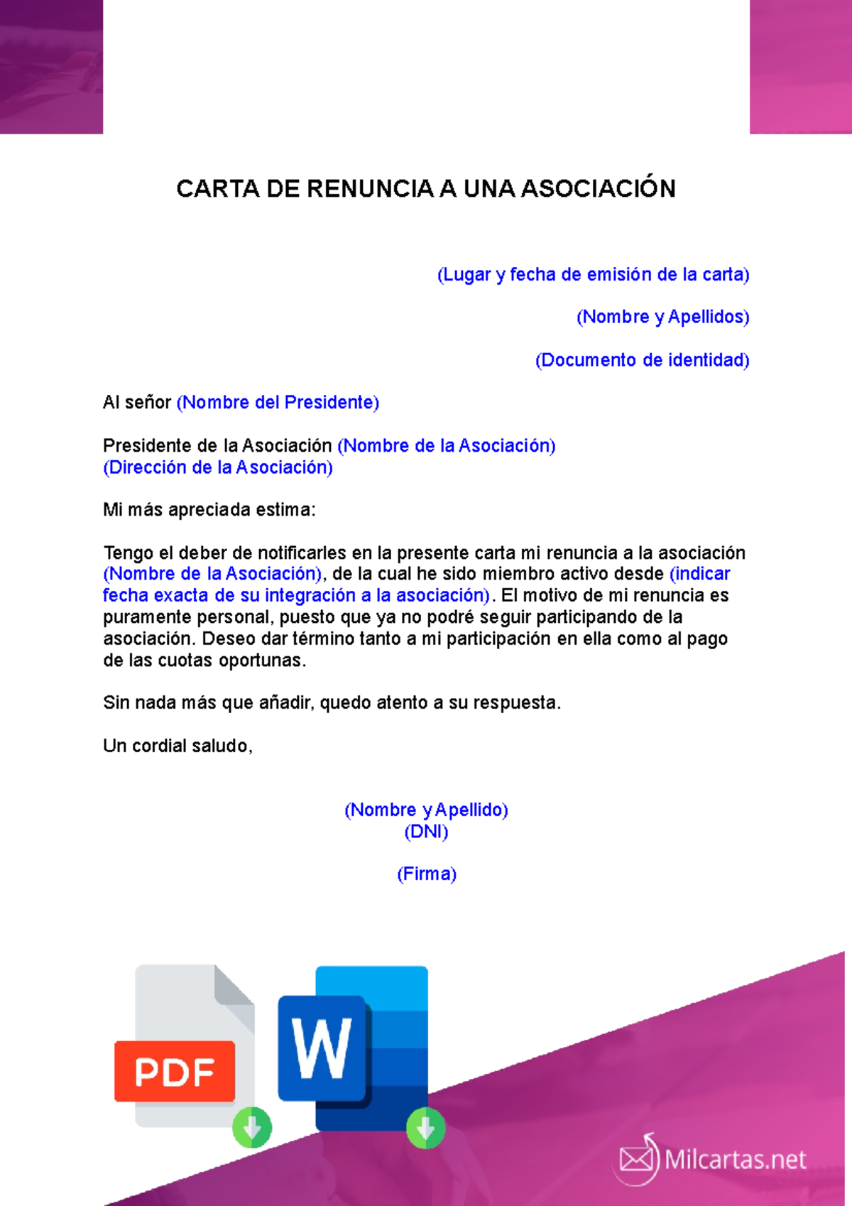 Carta de Renuncia a una asociacion CARTA DE RENUNCIA A UNA ASOCIACIÓN