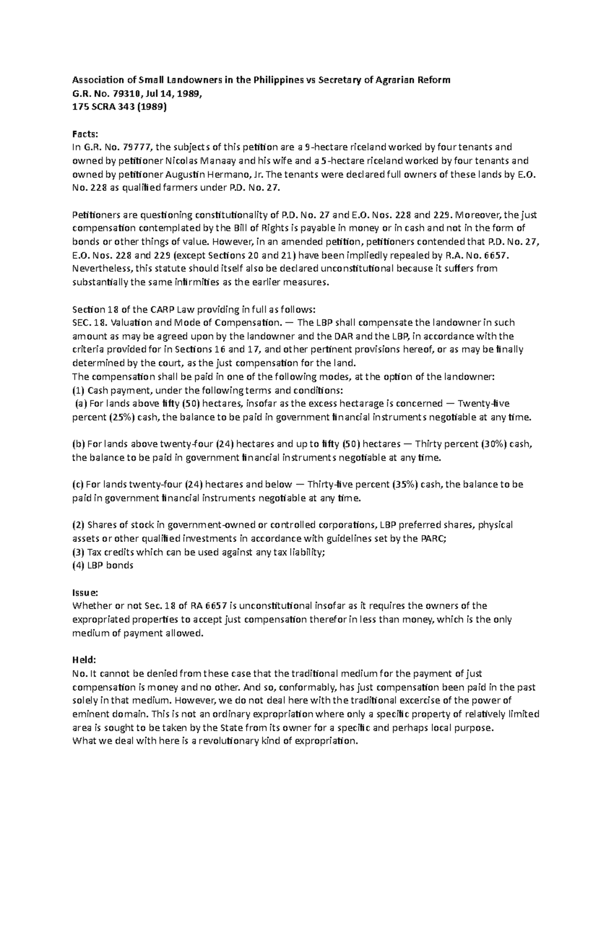 Eminent Domain Case Digests for Class Association of Small Landowners