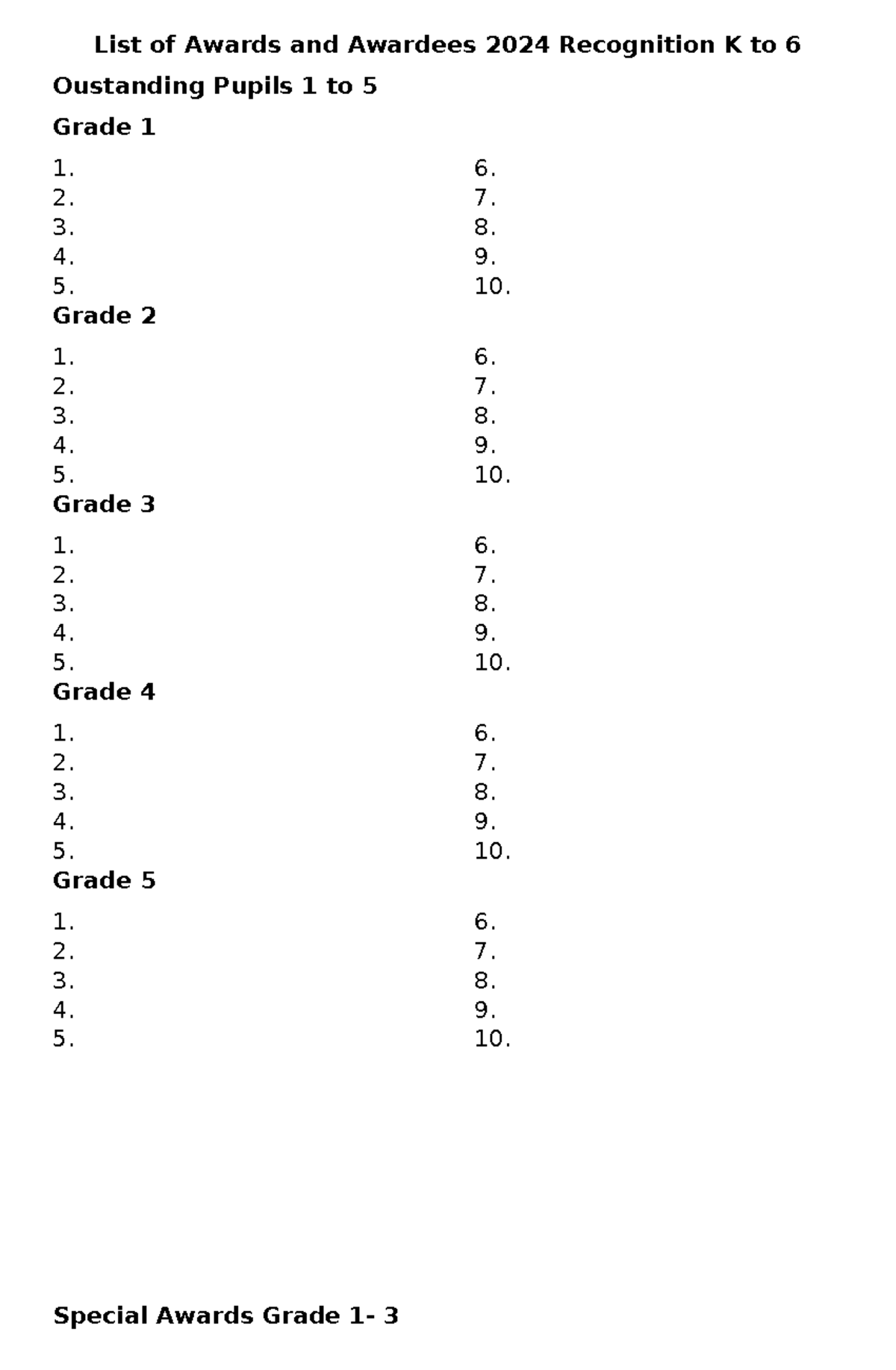 List of Awards and Awardees 2024 Recognition K to 5 - 2. Grade 2 1. 2 ...