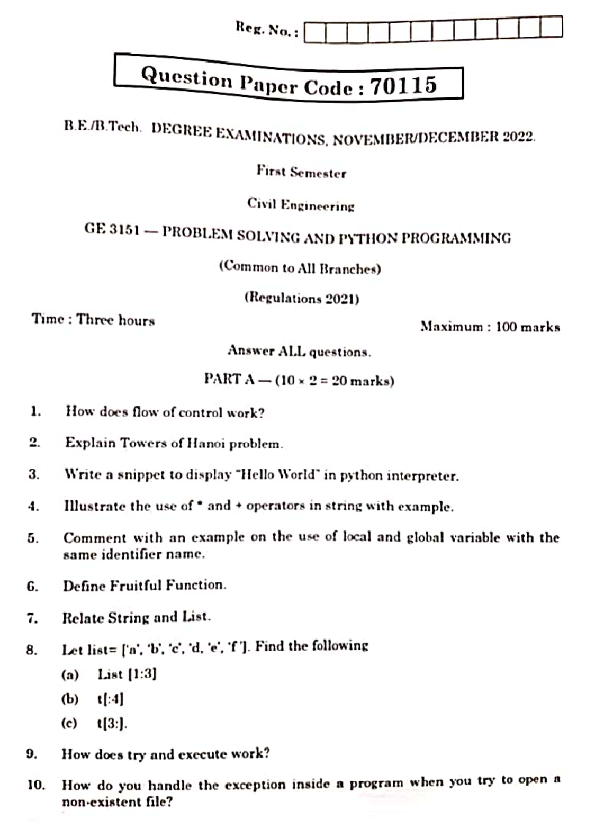 GE3151 Python Questions Papers - Computer science and engineering - Studocu