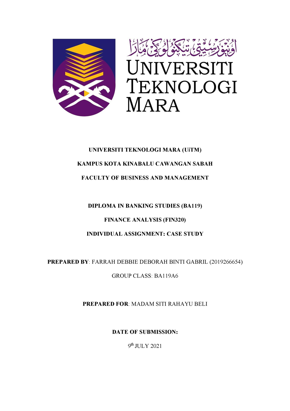 Case Study FIN320 CALCULATION - UNIVERSITI TEKNOLOGI MARA (UiTM) KAMPUS ...