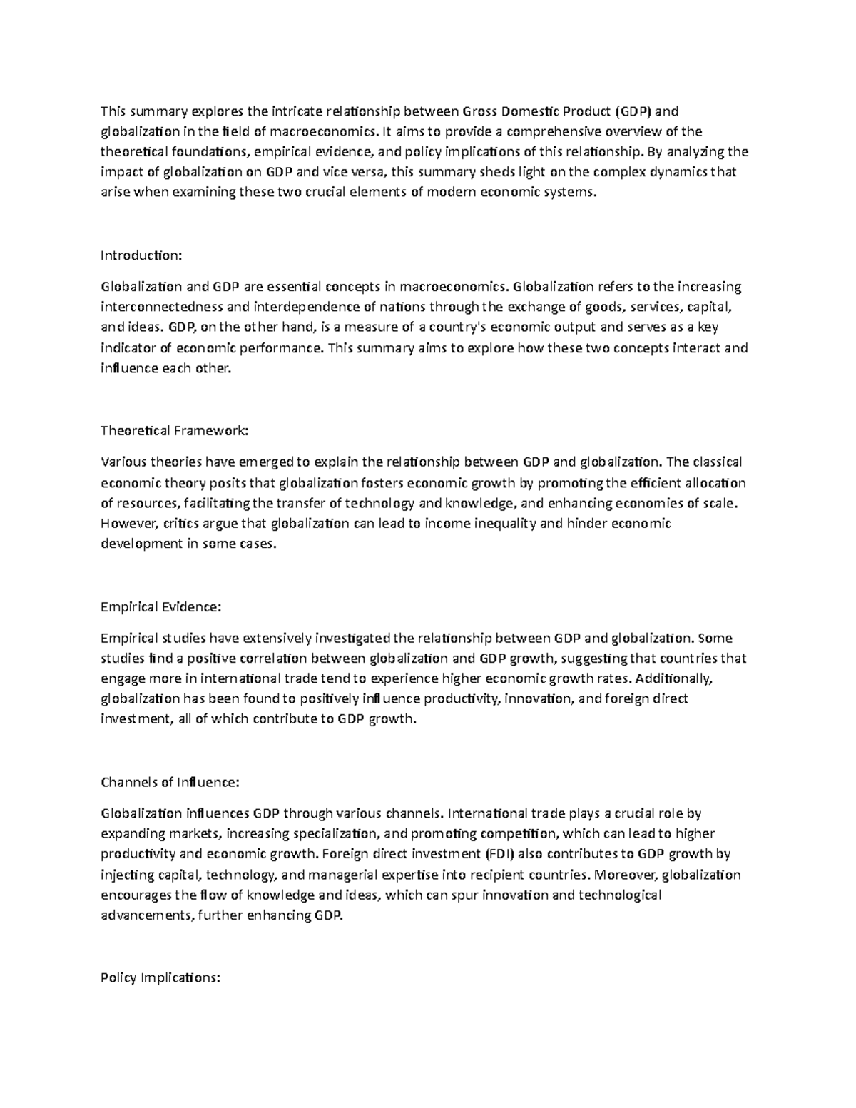 Summary GDP and Globalization - This summary explores the intricate ...