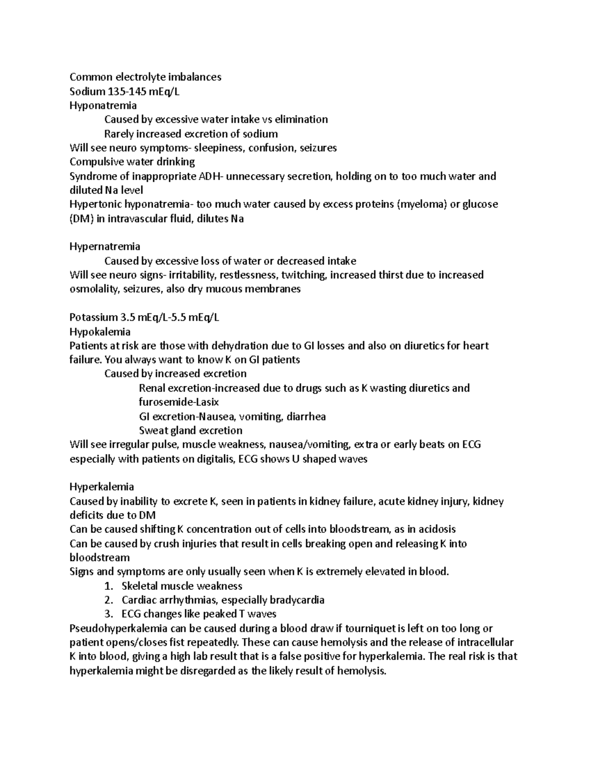 Pathopharm study guide - Common electrolyte imbalances Sodium 135-145 ...