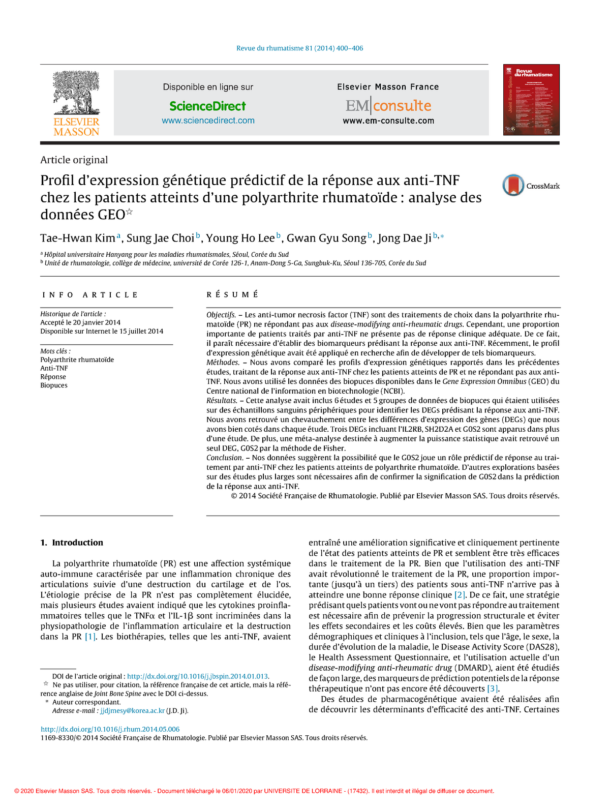 Profil Expression Genetique Predictif Anti Tnf Revue Rhumatisme 14 Studocu