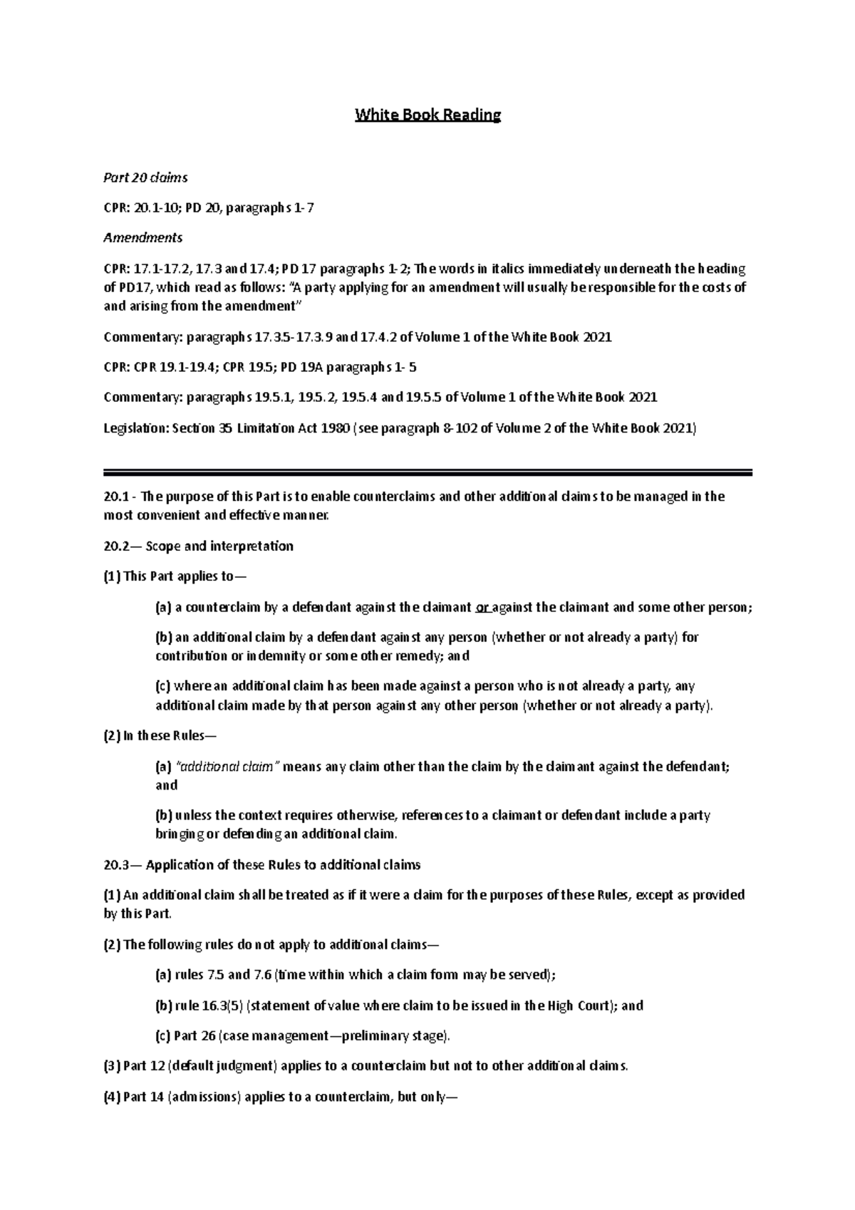 White Book Reading White Book Reading Part 20 claims CPR 2010; PD