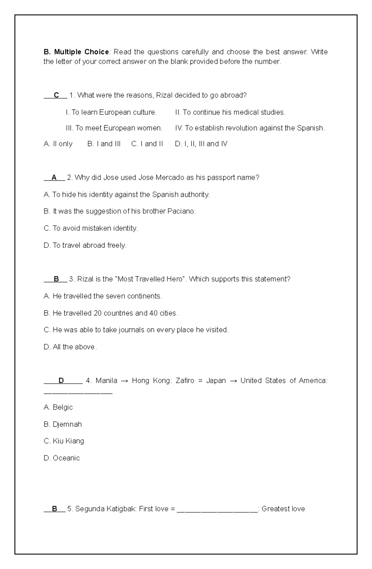 Rizal's Journey - B. Multiple Choice : Read the questions carefully and ...