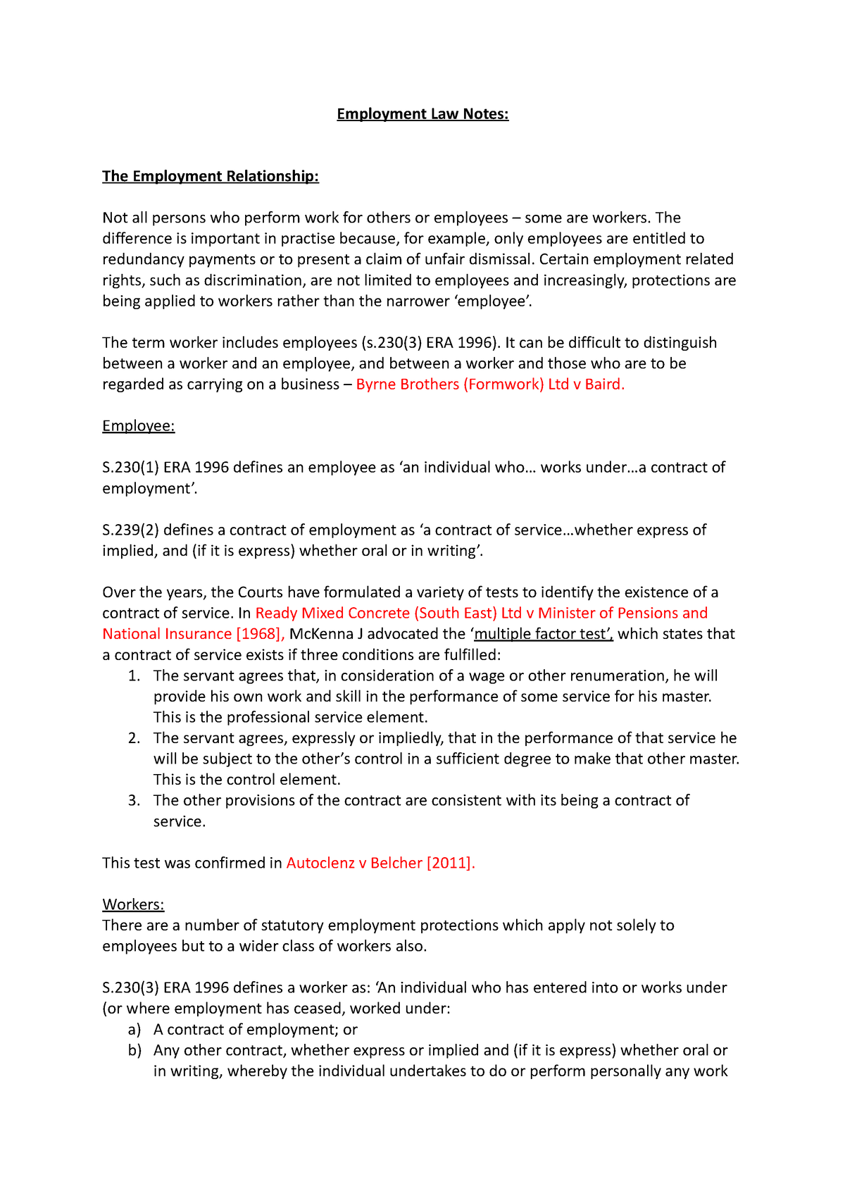 Employment Law Revision Notes Employment Law Notes The Employment Relationship Not All 