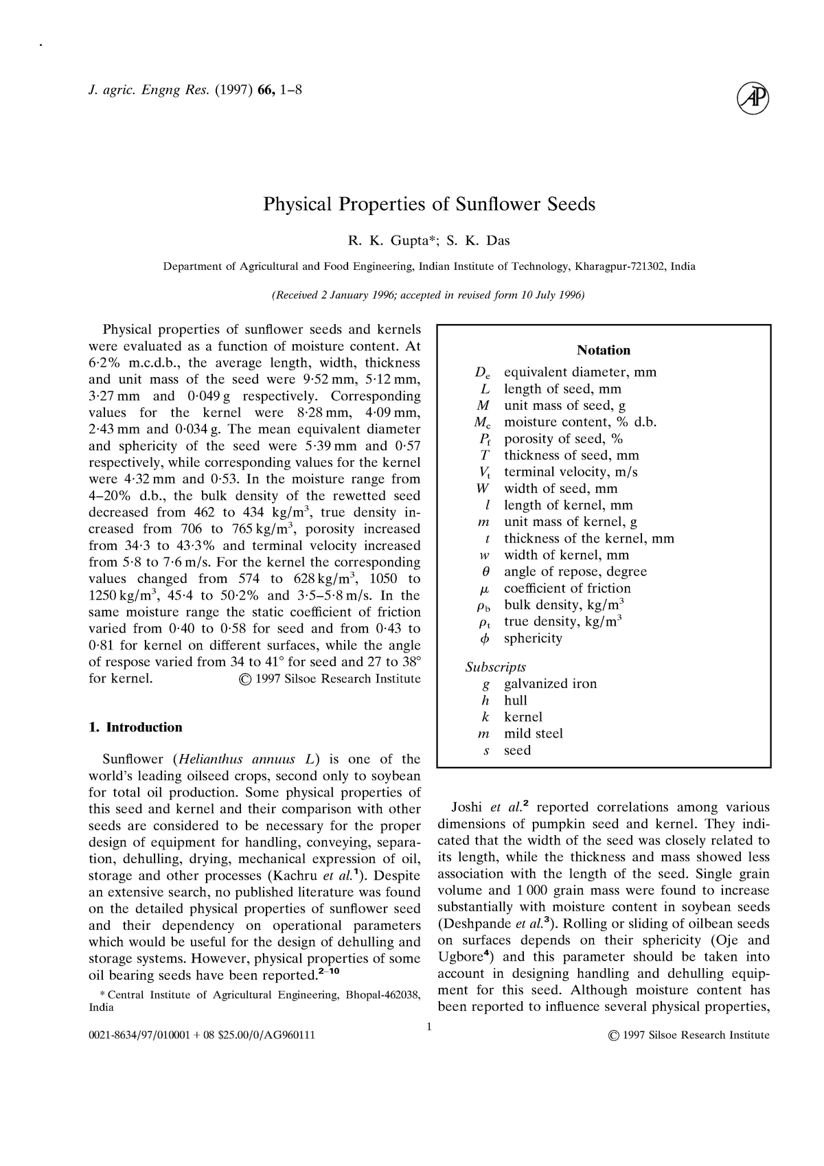 Gupta 1997 Physical Properties Of Sunflower Seeds Environmental StuDocu