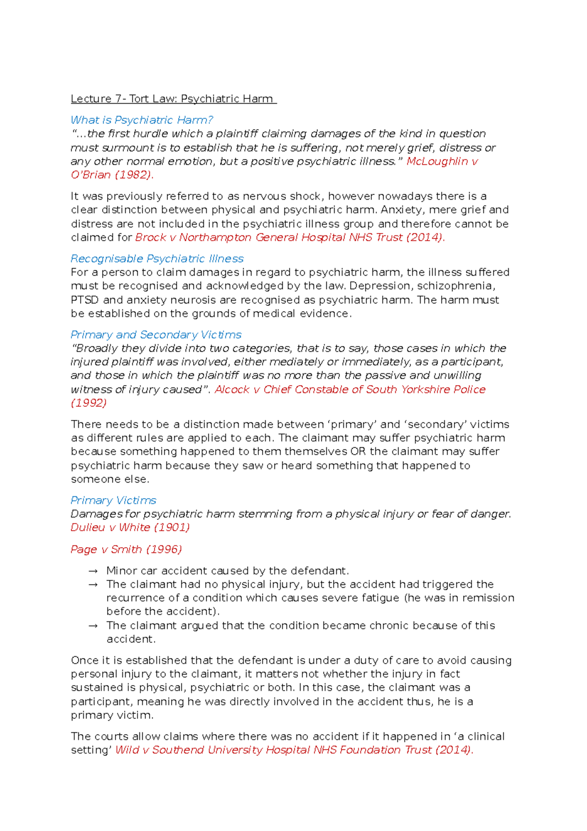 Lecture 7 Psychiatric Harm Lecture 7 Tort Law Psychiatric Harm 