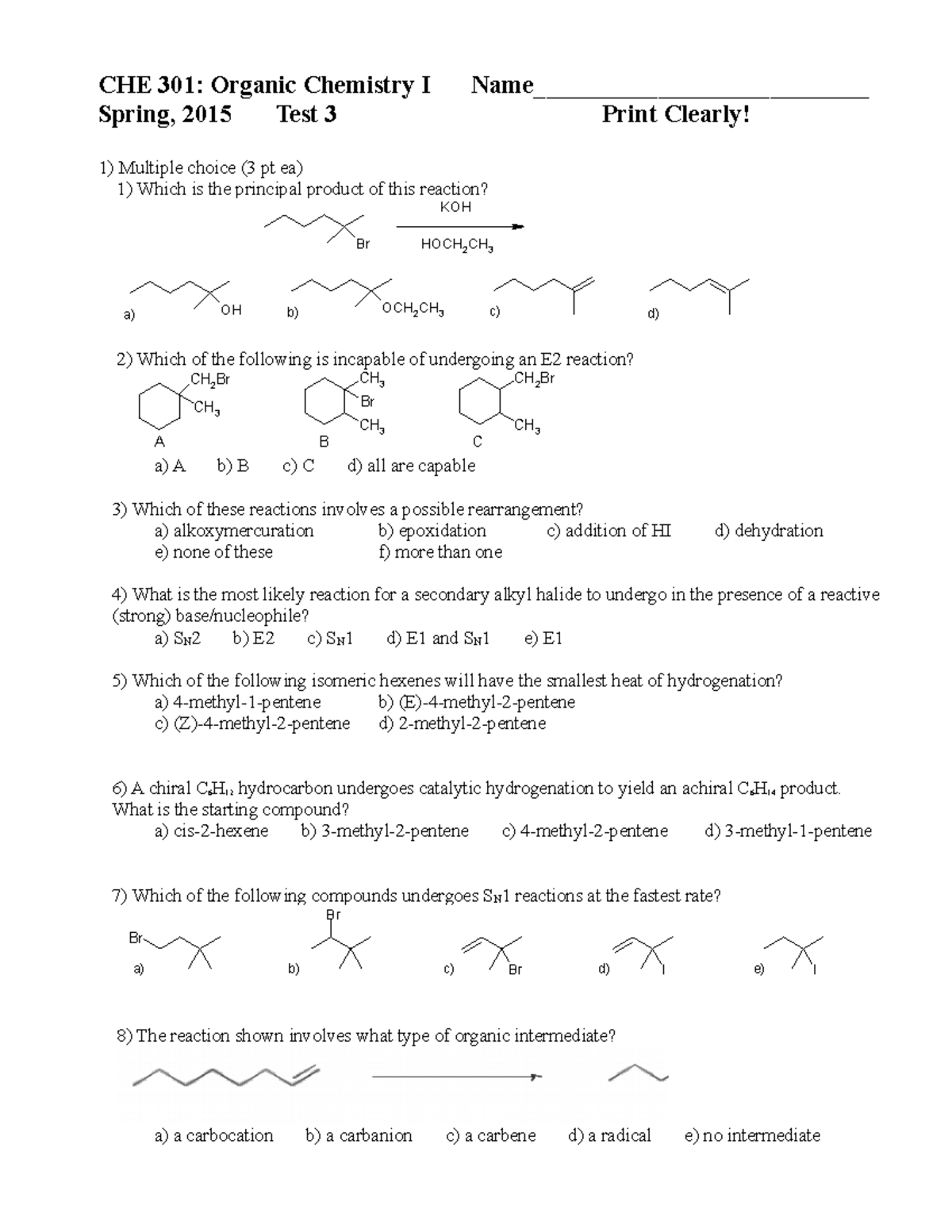 Spring, 2015 Test 3 - prof baker vcu chem 301 practice/sample test from ...